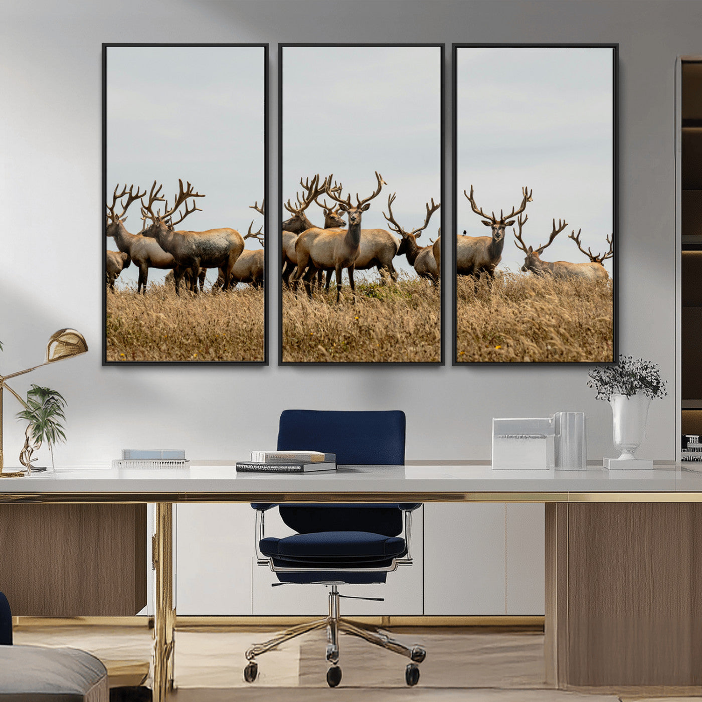 42170220-MGV-CV-36X24-Elk Herd Wall Art Canvas Print, Framed Wildlife Photography Art Picture Print, Majestic Antlers Perfect Rustic Wildlife Decor