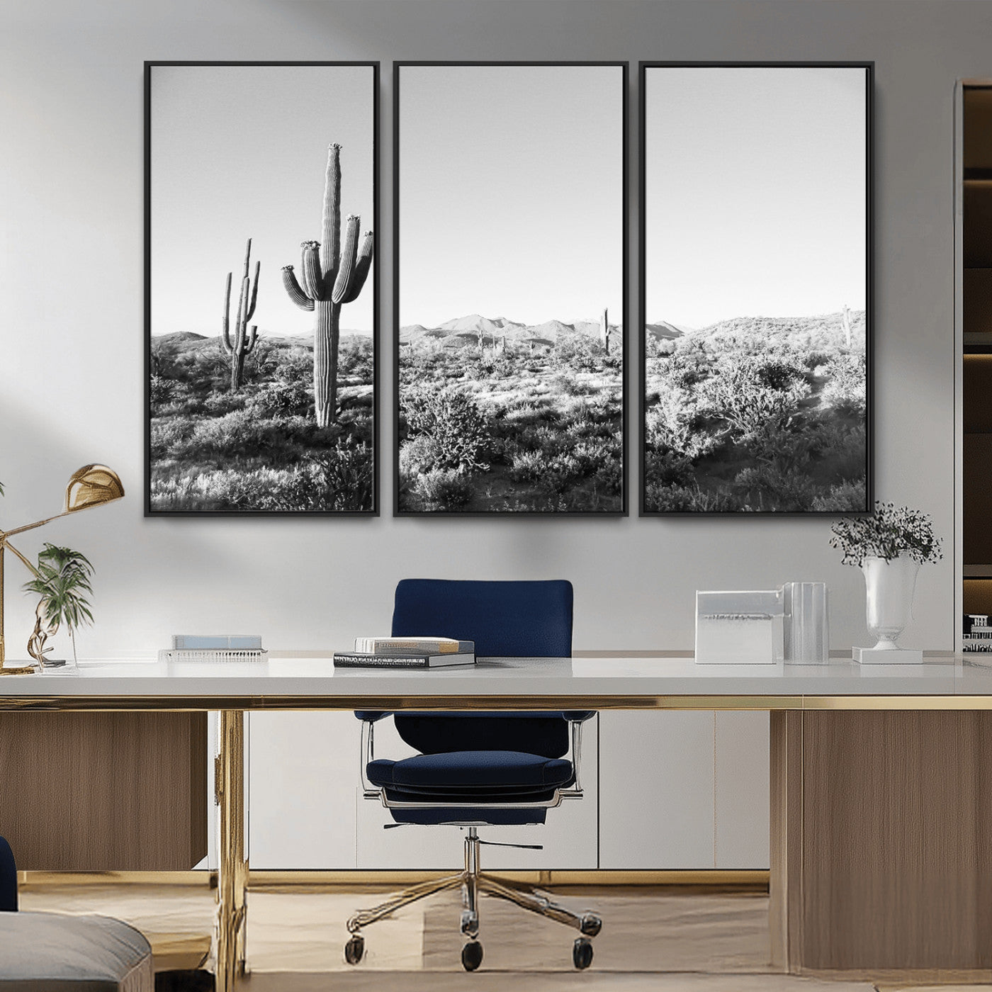 85205054-MGV-FC-48X32-3P_Black-Saguaro Cactus Wall Art Canvas Print, Framed Monochrome Landscape Art Picture Print, Scenic Arizona View Perfect Minimalist