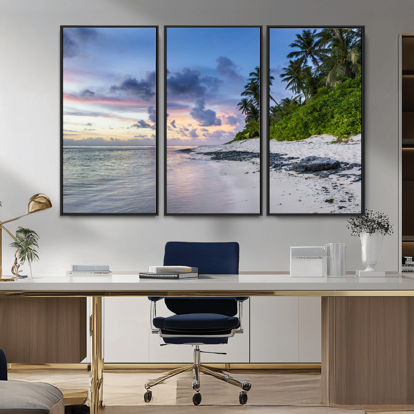 75045485-MGV-FC-48X32-3P_Black-Tropical Beach Wall Art Canvas Print, Framed Sunset Glow Art Picture Print, Palm Tree Coast Perfect Tropical Coastal Decor Artwork