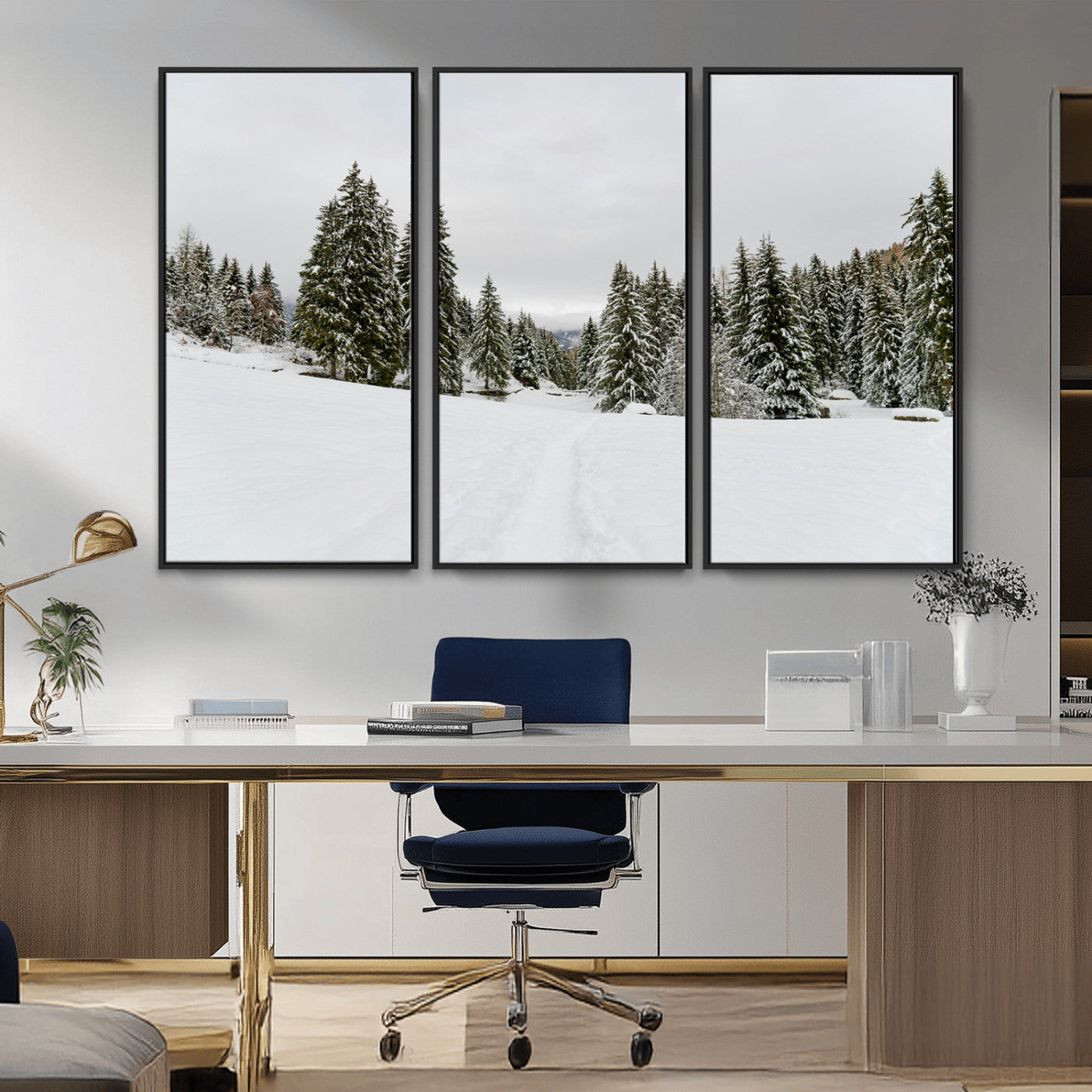 24581417-MGV-FC-48X32-3P_Black-Frosty Pines Wall Art Canvas Print, Framed Silent Snowfall Art Picture Print, Cozy Cabin Vibes Perfect Nordic Minimalist Decor