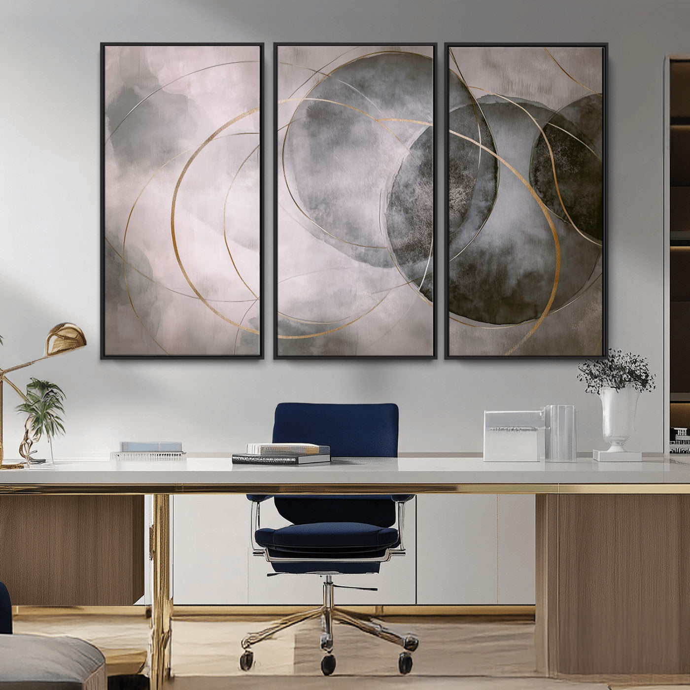 20066876-MGV-CV-36X24-Neutral Abstract Circle Wall Art – Modern Gray Beige Gold Canvas Print, Minimalist Geometric Painting for Bedroom, Living Room,