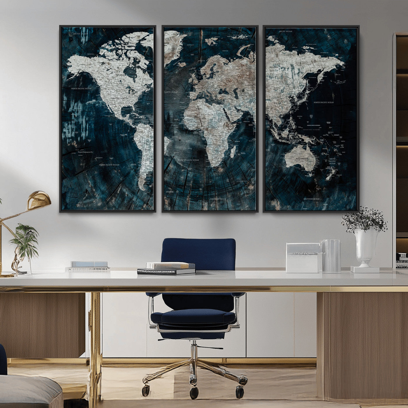 34425609-MGV-CV-36X24-World Map Wall Art – Rustic Navy and Grey Atlas Canvas Print, Distressed Explorer Map Artwork, Industrial Style Decor for Office,