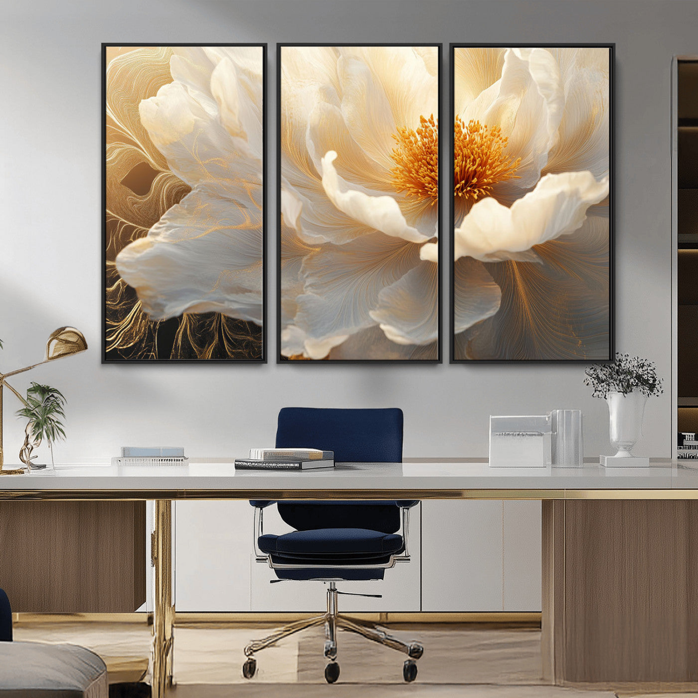 29539087-MGV-CV-36X24-Floral Wall Art – Elegant White and Gold Bloom Canvas Print, Romantic Modern Flower Artwork for Bedroom, Living Room, or Office