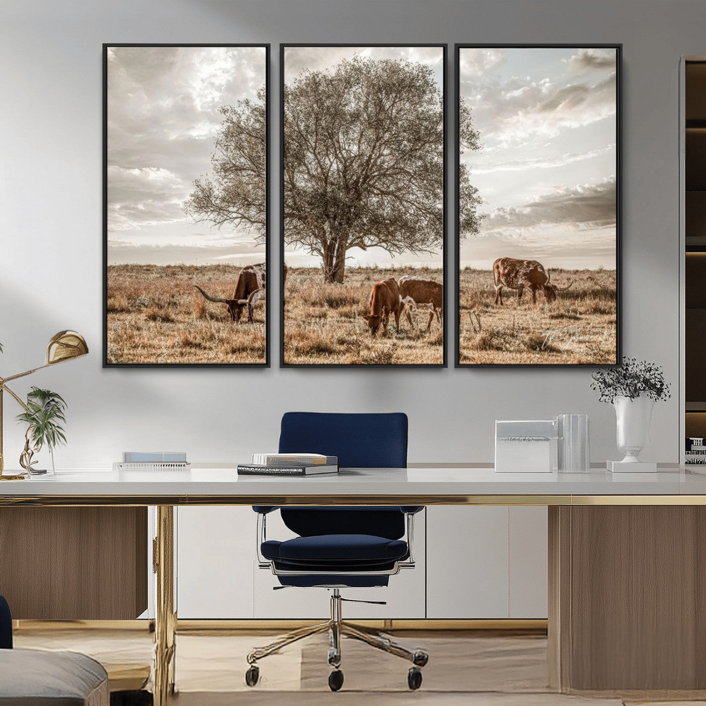 87590224-MGV-CV-36X24-Longhorn Cattle Wall Art – Rustic Western Landscape Canvas Print, Texas Farmhouse Prairie Scene for Living Room, Office, or Ranch