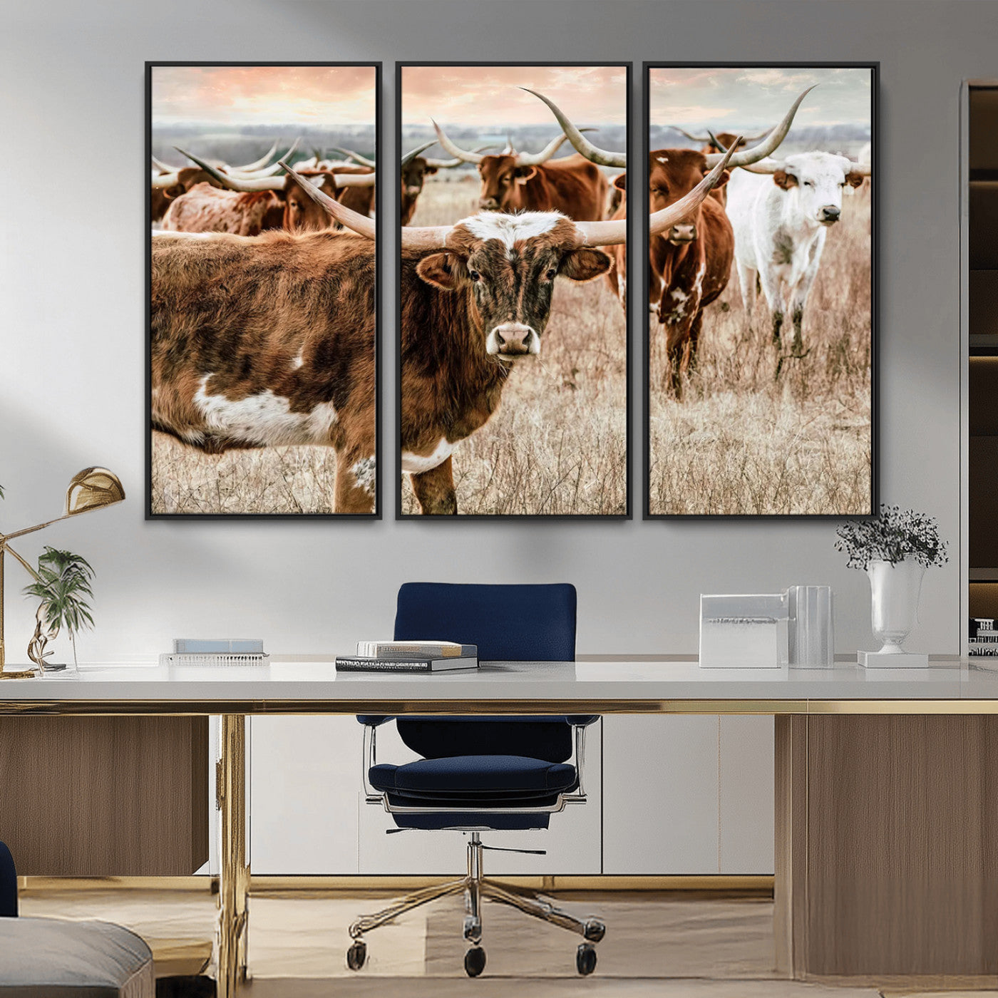 47758300-MGV-CV-36X24-Texas Longhorn Cattle Wall Art – Rustic Western Herd Canvas Print, Cowboy Ranch Farmhouse Decor for Living Room, Office, or