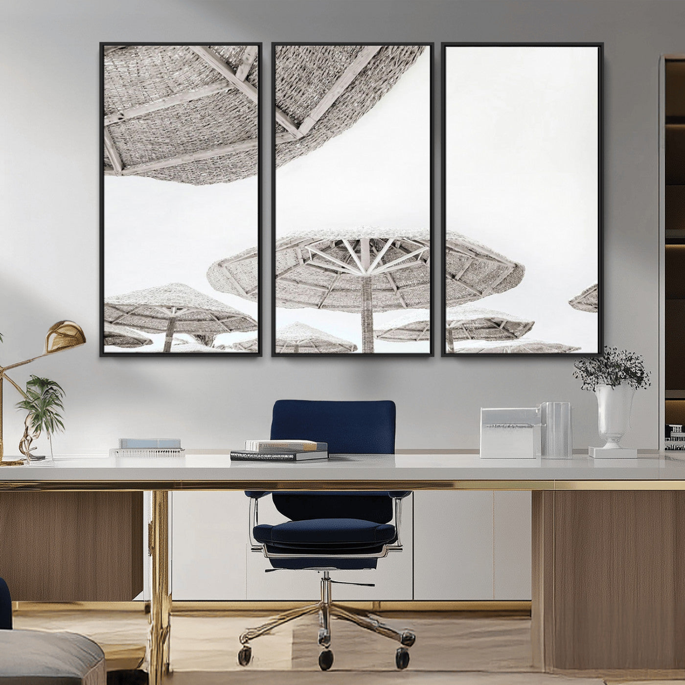 97043123-MGV-CV-36X24-Beach Umbrella Wall Art – Minimalist Coastal Canvas Print, Woven Parasol Summer Decor for Bedroom, Living Room, or Modern Beach