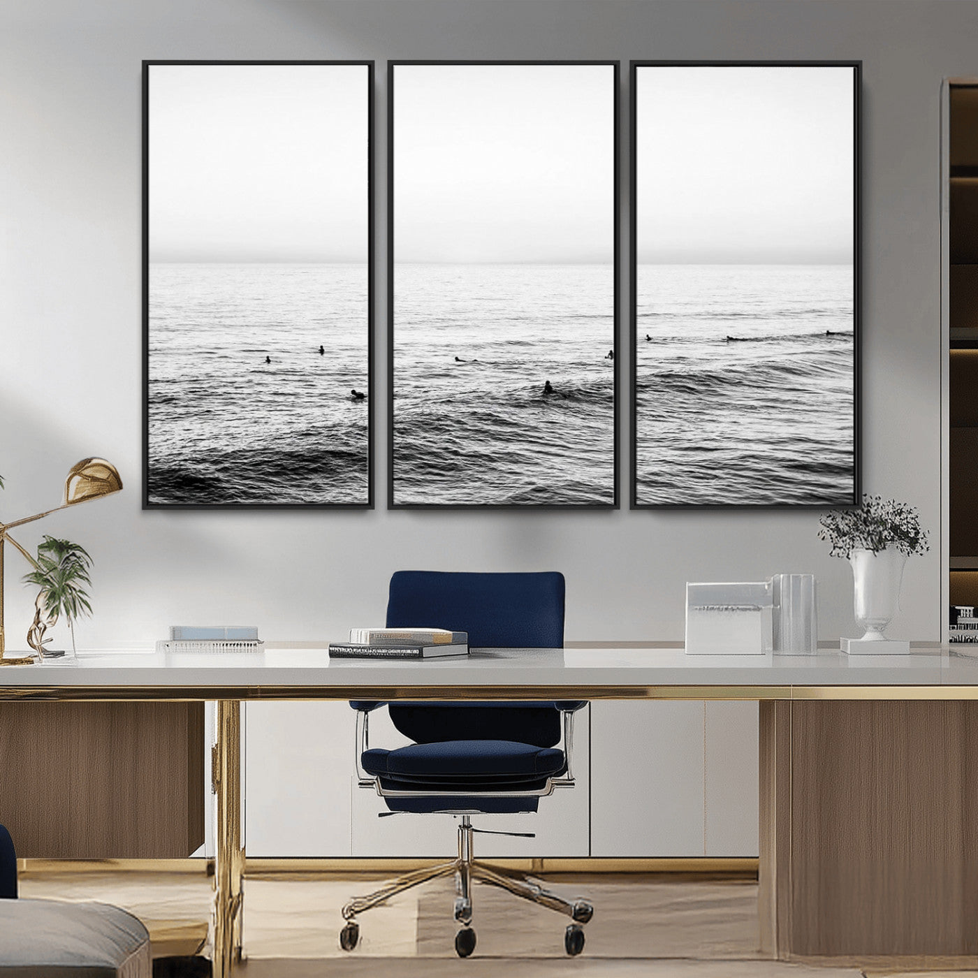 47208268-MGV-CV-36X24-Surfer Ocean Wall Art – Black and White Coastal Canvas Print, Minimalist Surfing Seascape Decor for Living Room, Bedroom, or Beach