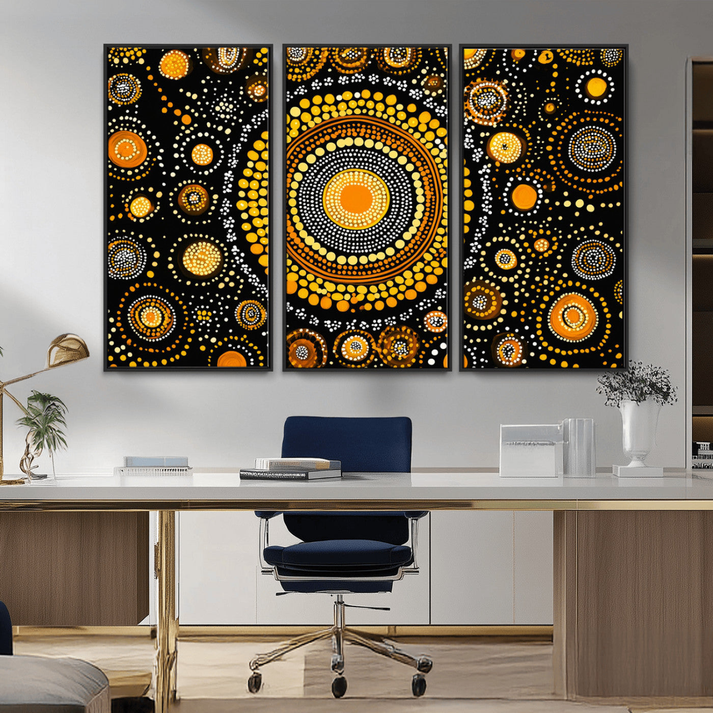 45478523-MGV-CV-36X24-Abstract Circle Wall Art – Bold Black and Gold Dot Painting Canvas Print, Modern Geometric Mandala Style Decor for Living Room or