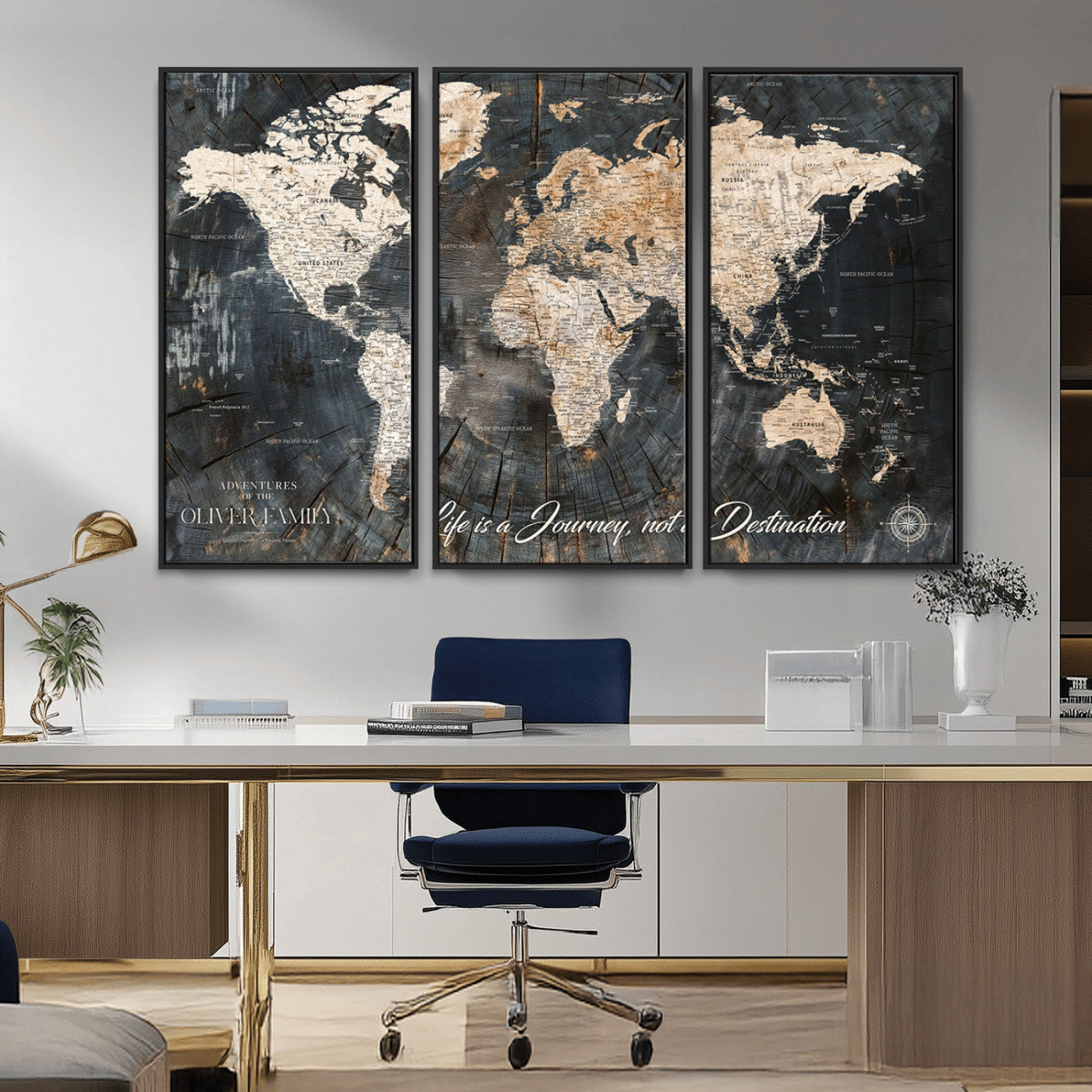 37848568-MGV-CV-36X24-Life is a Journey Not a Destination World Map Rustic Wood Texture Vintage Beige Navy Adventure Wall Art Canvas Print for Home