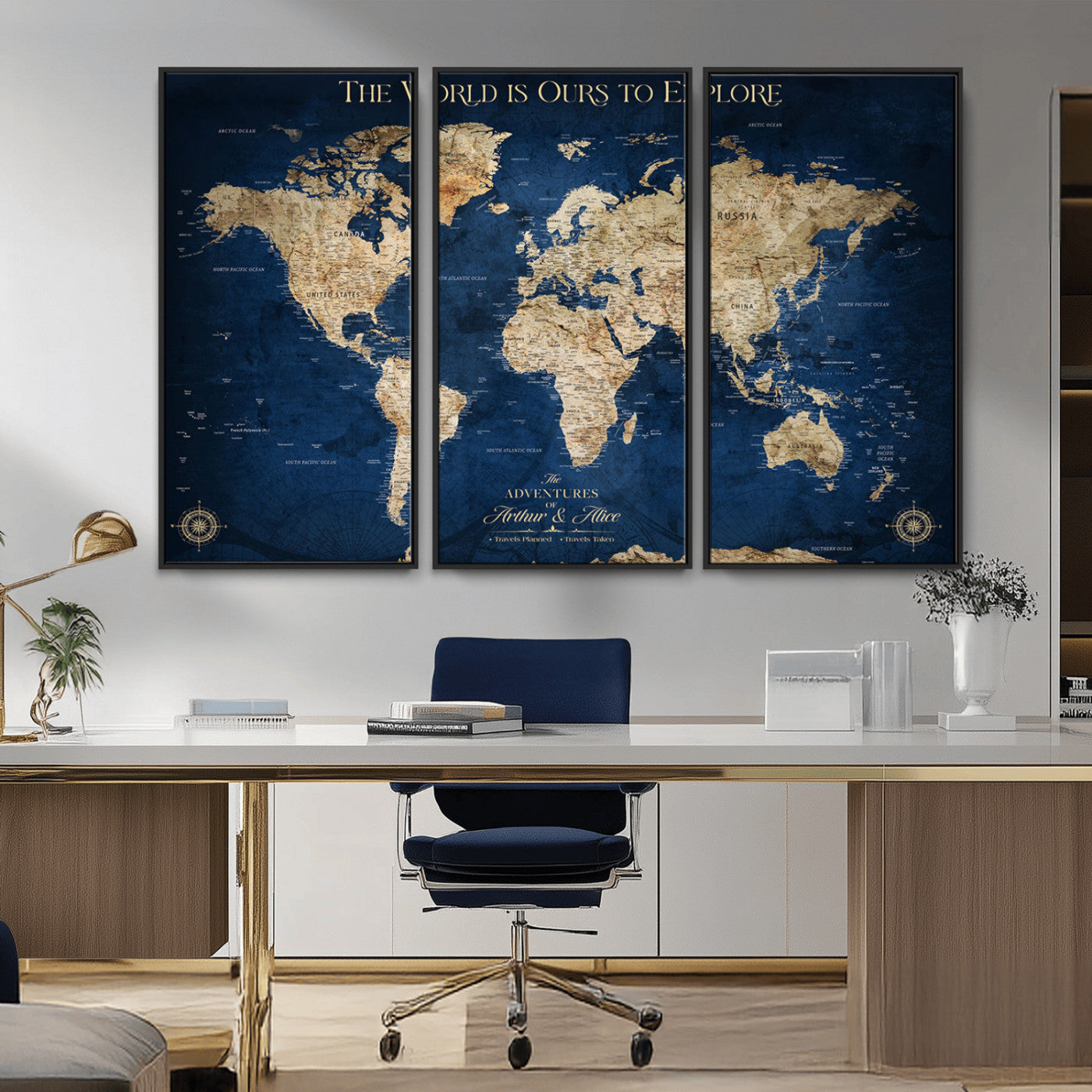 54782997-MGV-CV-36X24-The World is Ours to Explore Wall Art – Blue World Map Canvas Print, Adventure Travel Decor for Home, Office or Living Room,