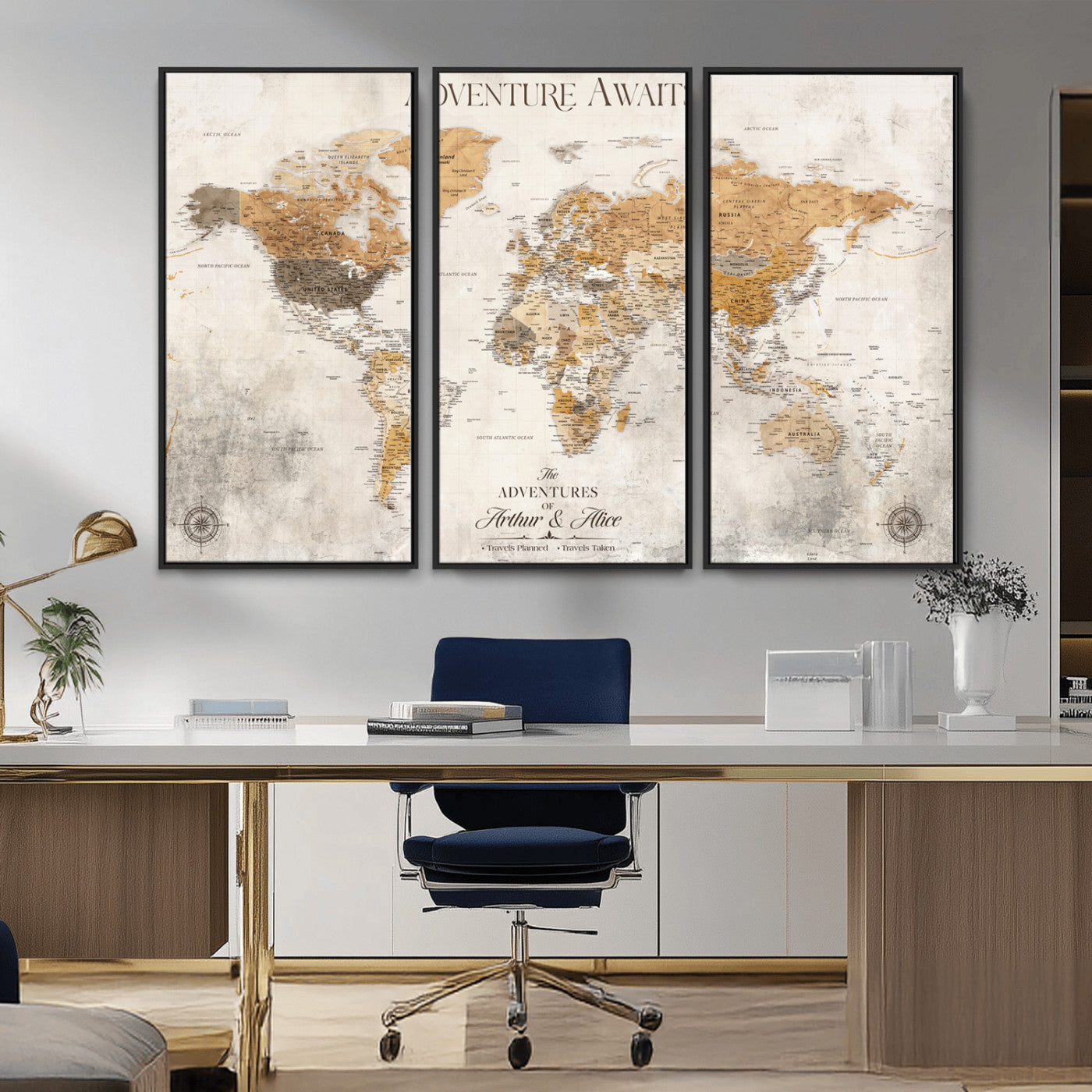 99422096-MGV-CV-36X24-Adventure Awaits World Map Wall Art – Neutral Beige Canvas Print, Modern Travel Inspired Wall Decor for Living Room, Bedroom or