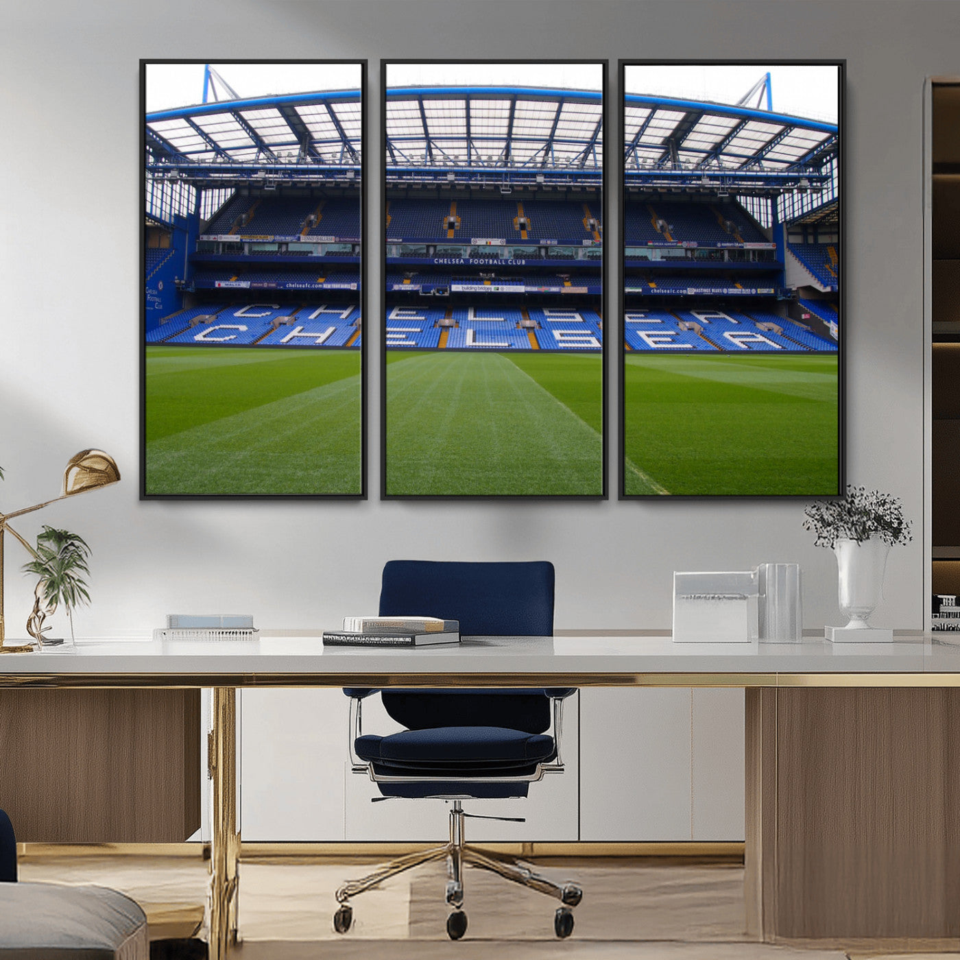 38616413CHELSA-MGV-CV-36X24-Chelsea Stadium Wall Art – Panoramic Football Field Canvas Print, Game Day Sports Decor for Living Room, Office, or Man Cave