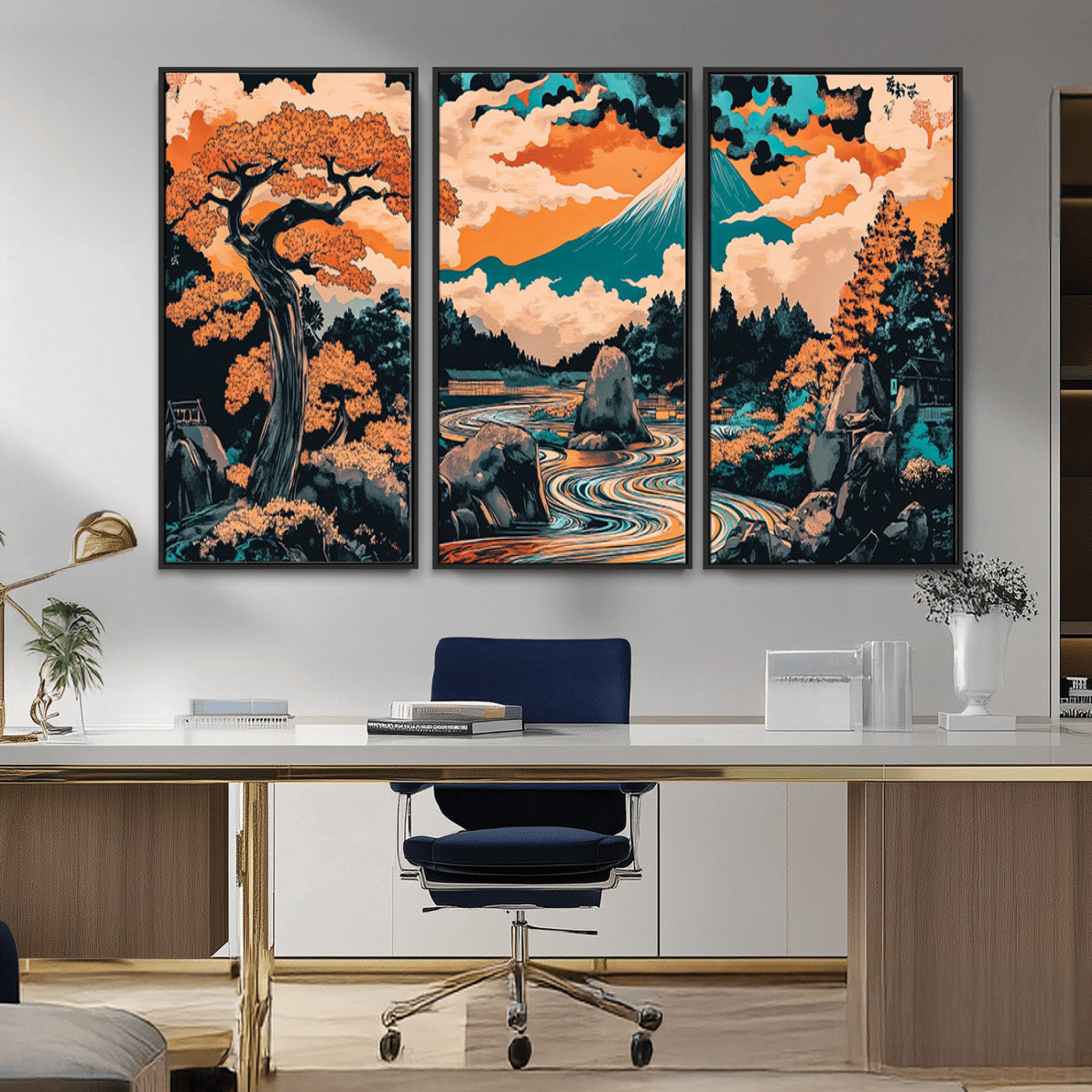 21638941-MGV-CV-36X24-Japanese Landscape Wall Art – Mount Fuji and Flowing River Ukiyo-e Style Canvas Print, Traditional Japan Inspired Artwork for