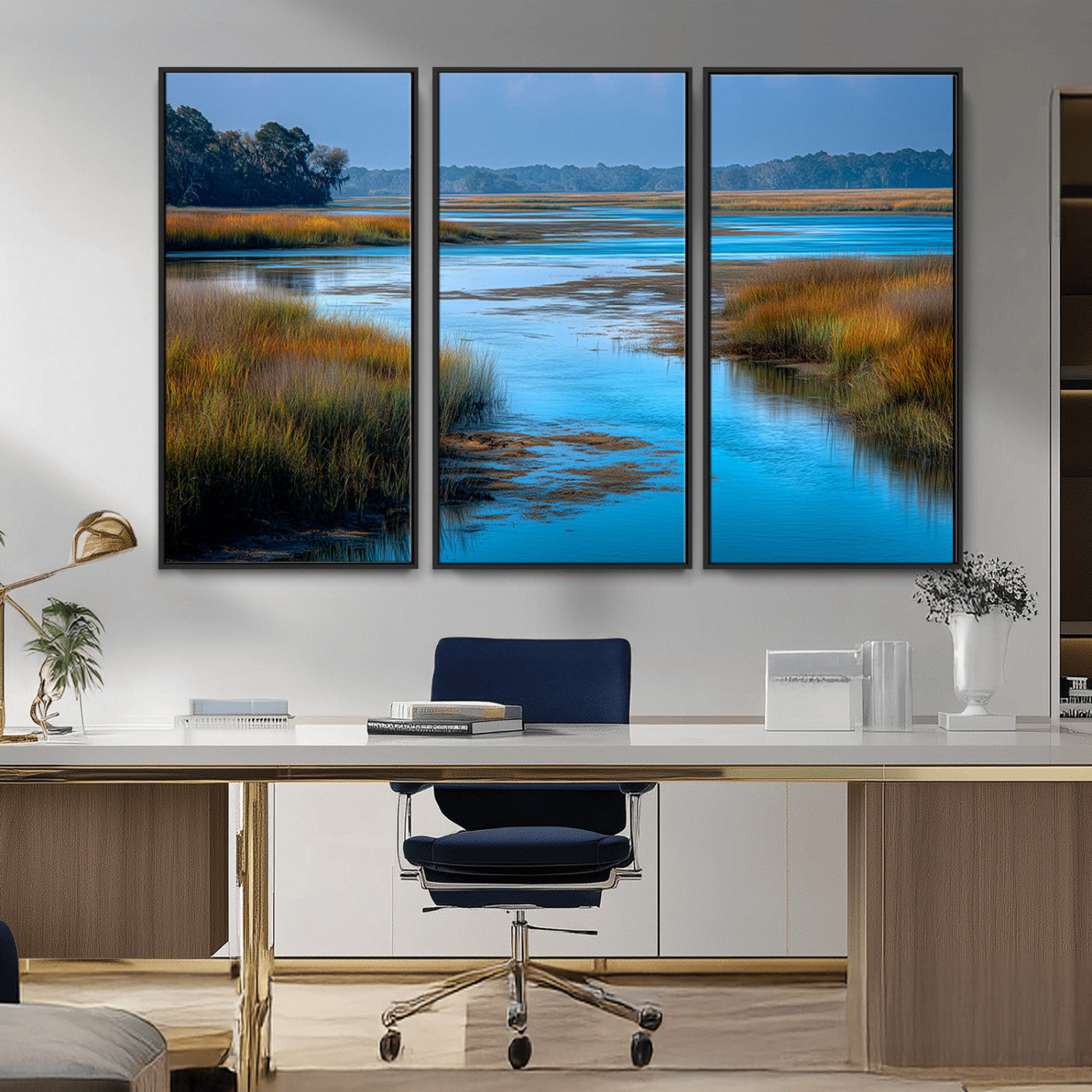 26300004-MGV-CV-36X24-Marshland Landscape Wall Art – Scenic Nature Canvas Print with Golden Grass and Blue Water, Peaceful River Photography for Living