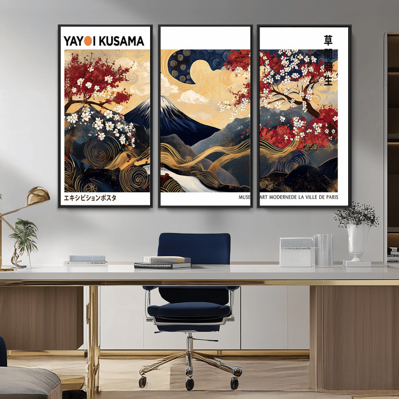 28945903-MGV-CV-36X24-Japanese Wall Art – Mount Fuji Canvas Print with Cherry Blossoms and Golden Wave Motifs, Traditional Asian Inspired Artwork for