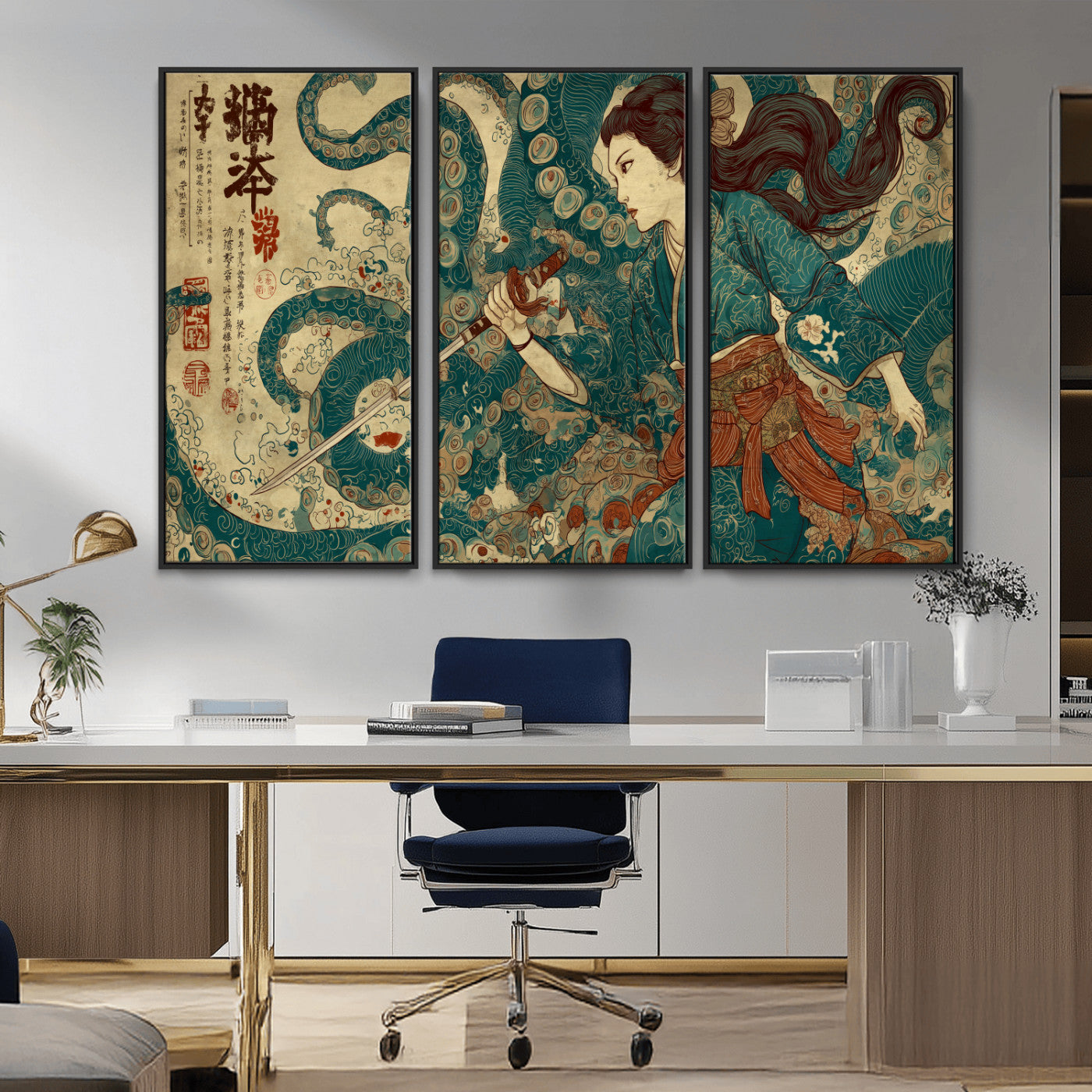 46837670-MGV-CV-36X24-Tsukioka Yoshitoshi Samurai Wall Art Print, Japanese Katana Warrior Canvas Wall Art, Octopus Sea Monster Canvas Print,