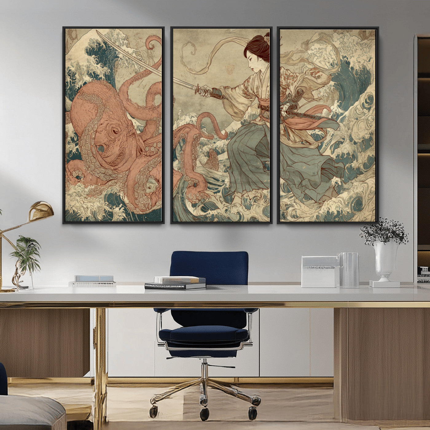 54879547-MGV-CV-36X24-Tsukioka Yoshitoshi Samurai Wall Art Print, Japanese Katana Warrior Canvas Wall Art, Octopus Sea Monster Canvas Print,