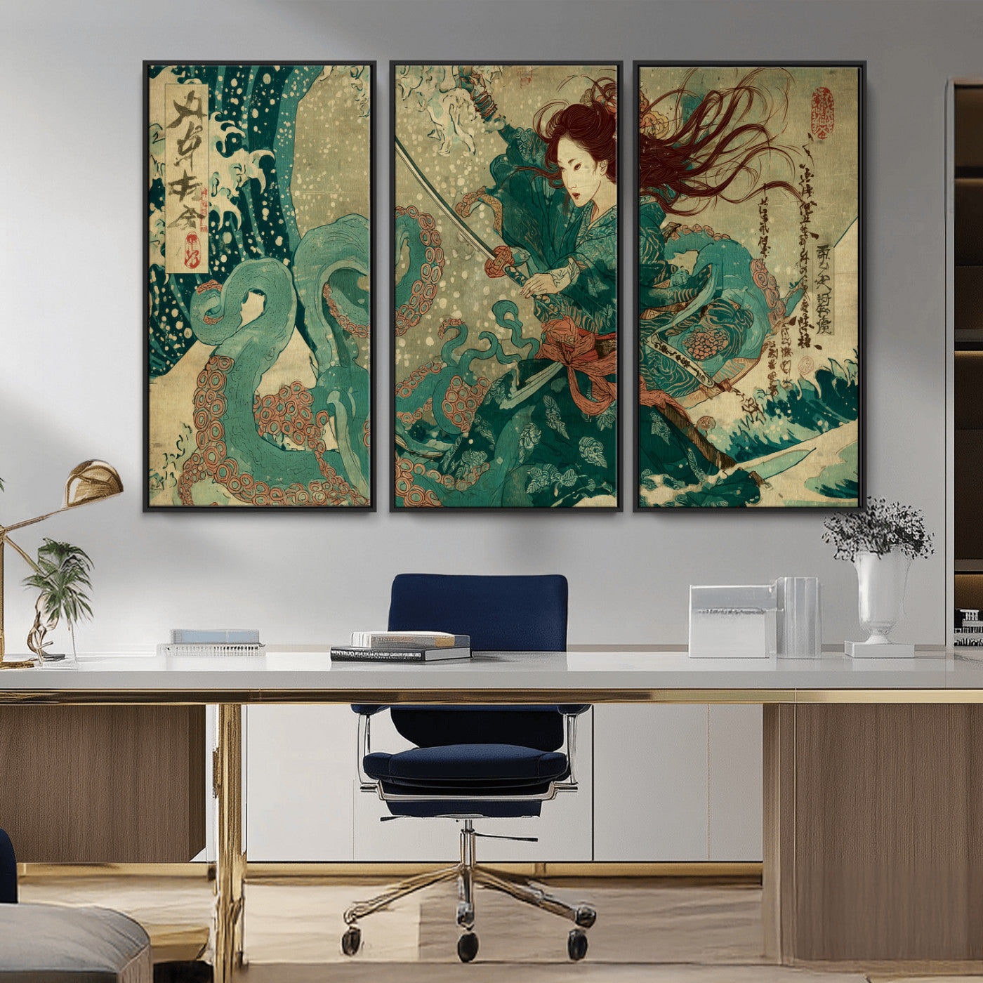 86918027-MGV-CV-36X24-Samurai Warrior vs Octopus Wall Art – Japanese Ukiyo-e Ocean Battle Canvas Print, Traditional Samurai Artwork for Living Room,