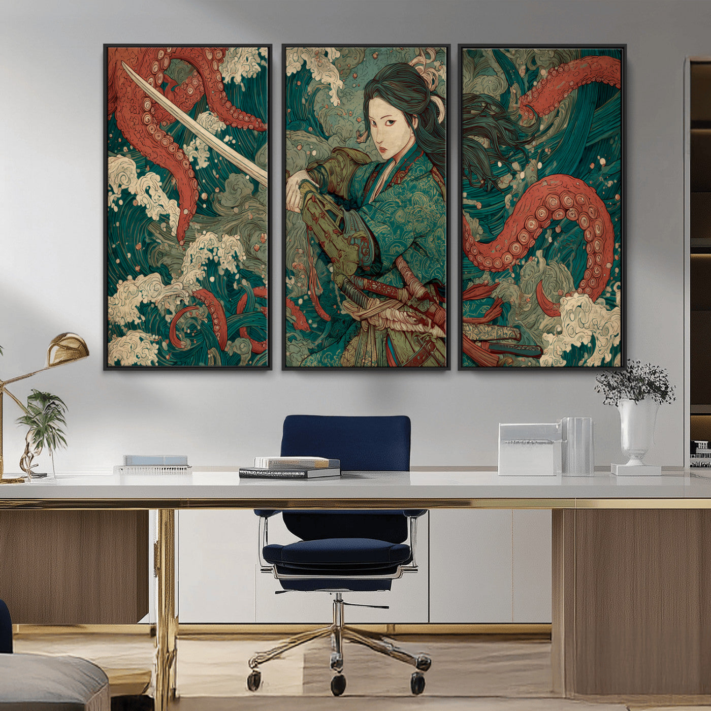 35461724-MGV-CV-36X24-Samurai Woman vs Octopus Wall Art – Japanese Ukiyo-e Ocean Waves Canvas Print, Red Tentacle Battle Artwork for Living Room,