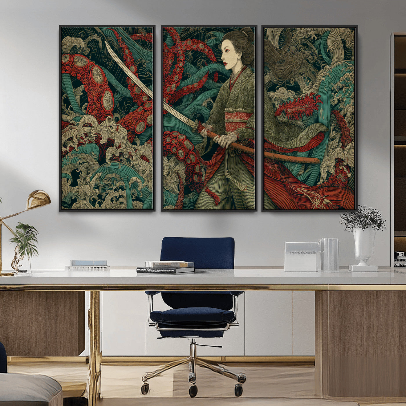 18902796-MGV-CV-36X24-Samurai Woman vs Octopus Wall Art – Japanese Ukiyo-e Green Kimono Canvas Print, Ocean Battle Scene Artwork for Living Room,