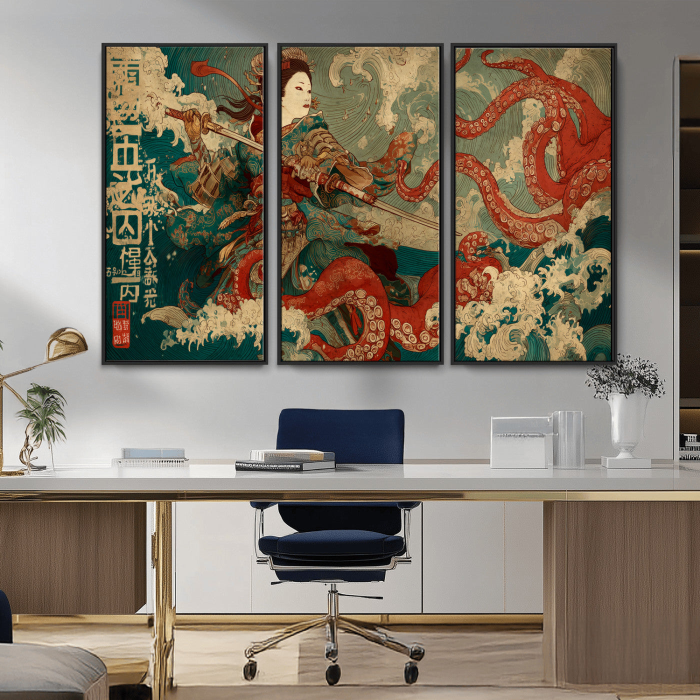 60201267-MGV-CV-36X24-Samurai Woman vs Octopus Wall Art – Japanese Ukiyo-e Armor Canvas Print, Red Tentacle Ocean Battle Artwork for Living Room,