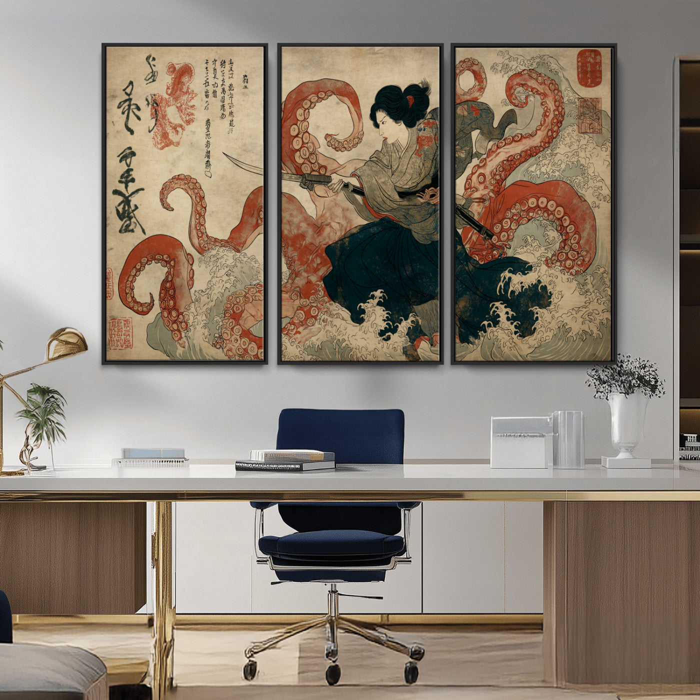 82737246-MGV-CV-36X24-Samurai Woman vs Octopus Wall Art – Japanese Ukiyo-e Dual Sword Canvas Print, Red Tentacle Ocean Battle Artwork for Living Room,