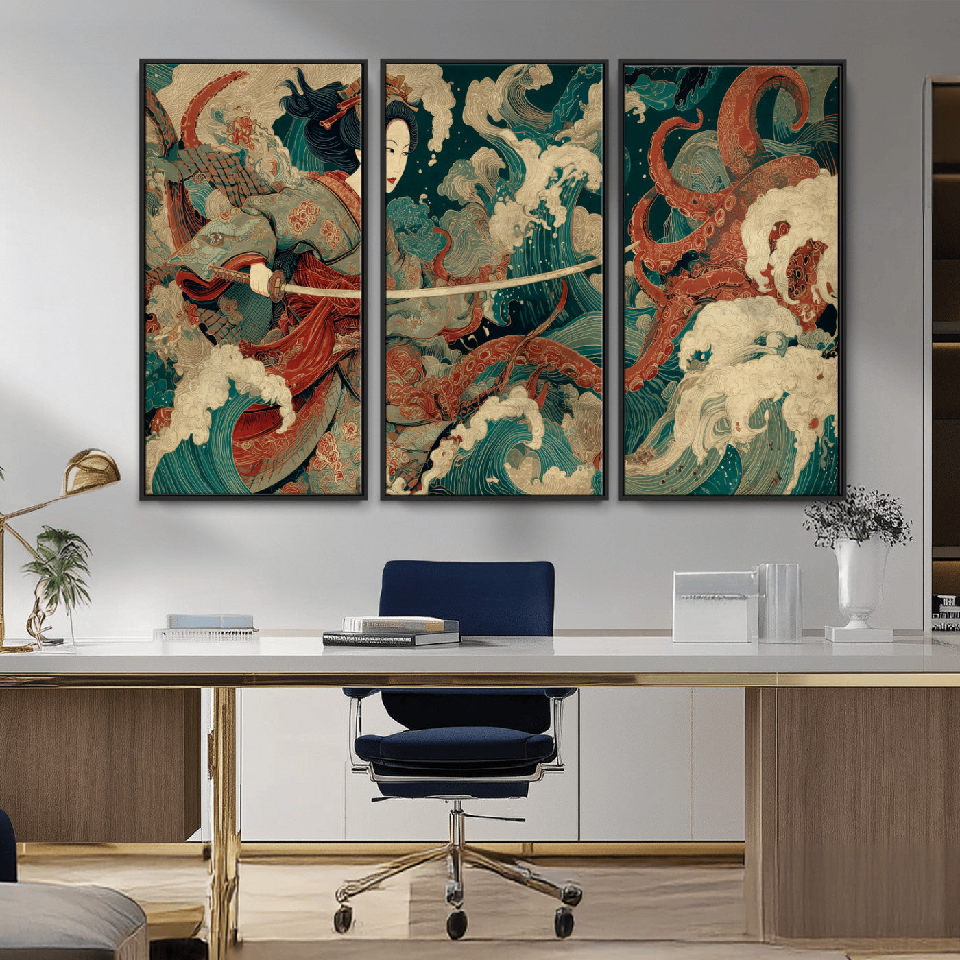 30212982-MGV-CV-36X24-Samurai Woman vs Octopus Wall Art – Japanese Ukiyo-e Style Warrior and Sea Monster Canvas Print, Mythology Inspired Artwork for