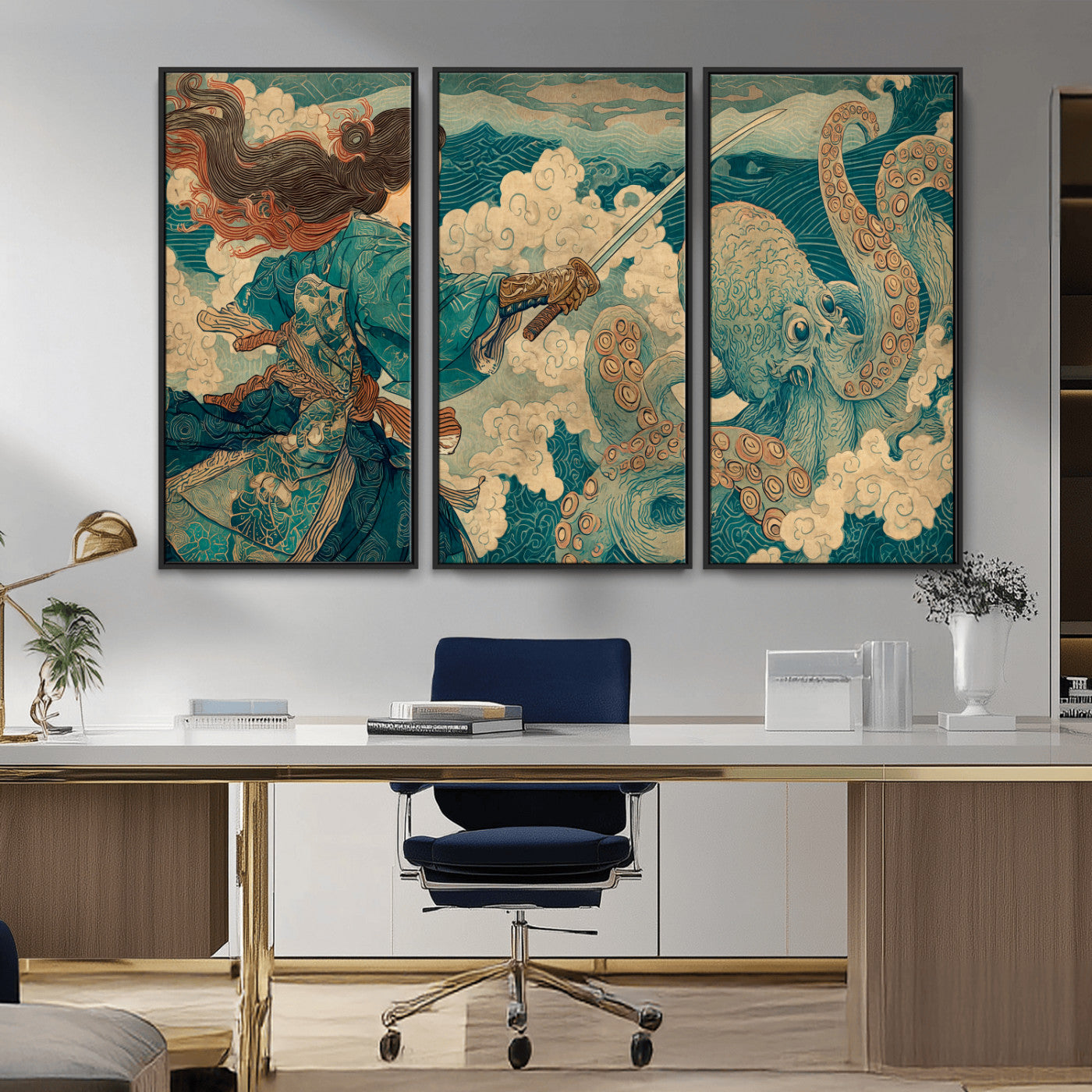 99764195-MGV-CV-36X24-Samurai vs Octopus Wall Art – Japanese Ukiyo-e Style Warrior and Sea Monster Canvas Print, Mythology Inspired Artwork for Living