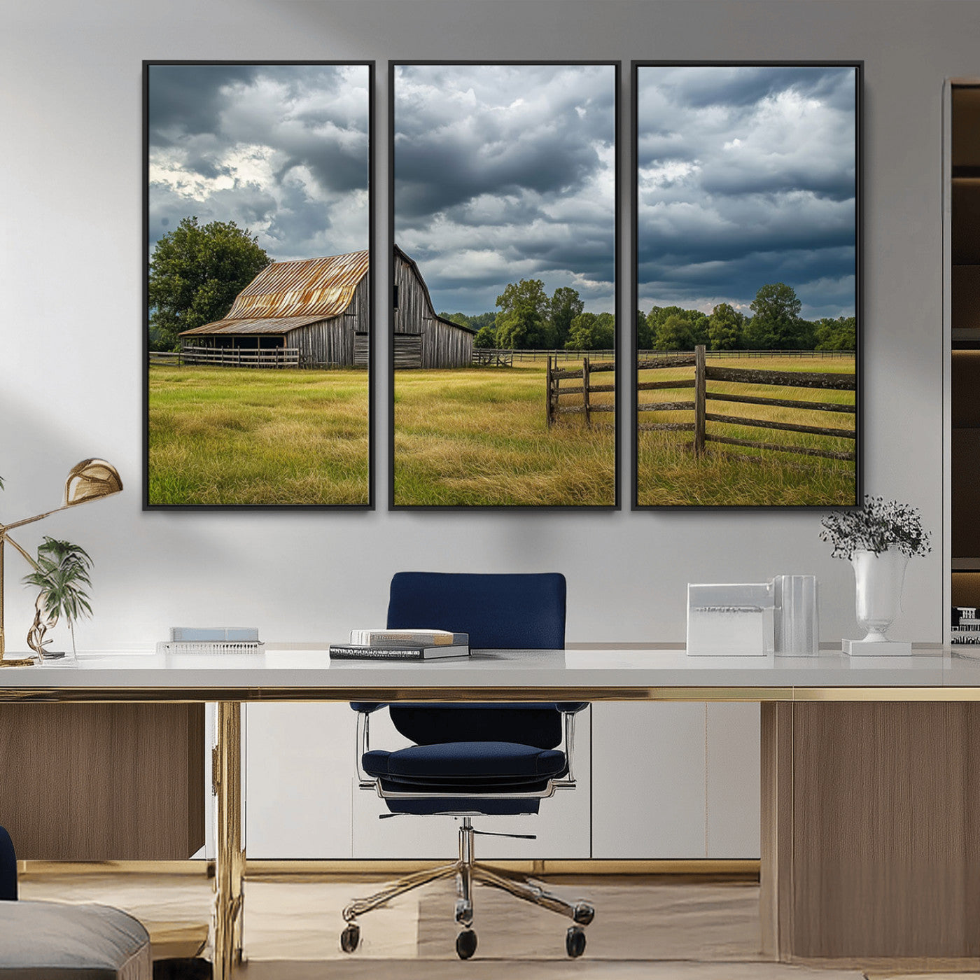 39409517-MGV-CV-36X24-Rustic Barn Wall Art – Weathered Farmhouse and Storm Clouds Canvas Print, Country Landscape Photography Decor for Bedroom, Living