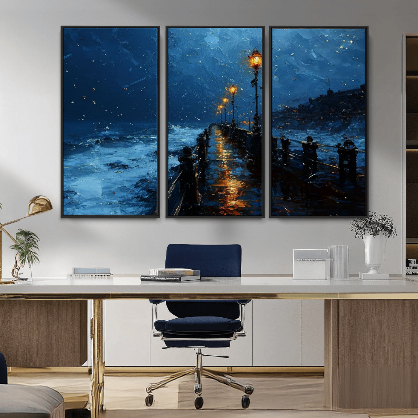 48300530-MGV-CV-36X24-Dark Stormy Pier Canvas Wall Art – Moody Ocean Night Scene with Street Lamps, Blue Coastal Seascape Print for Bedroom, Office, or