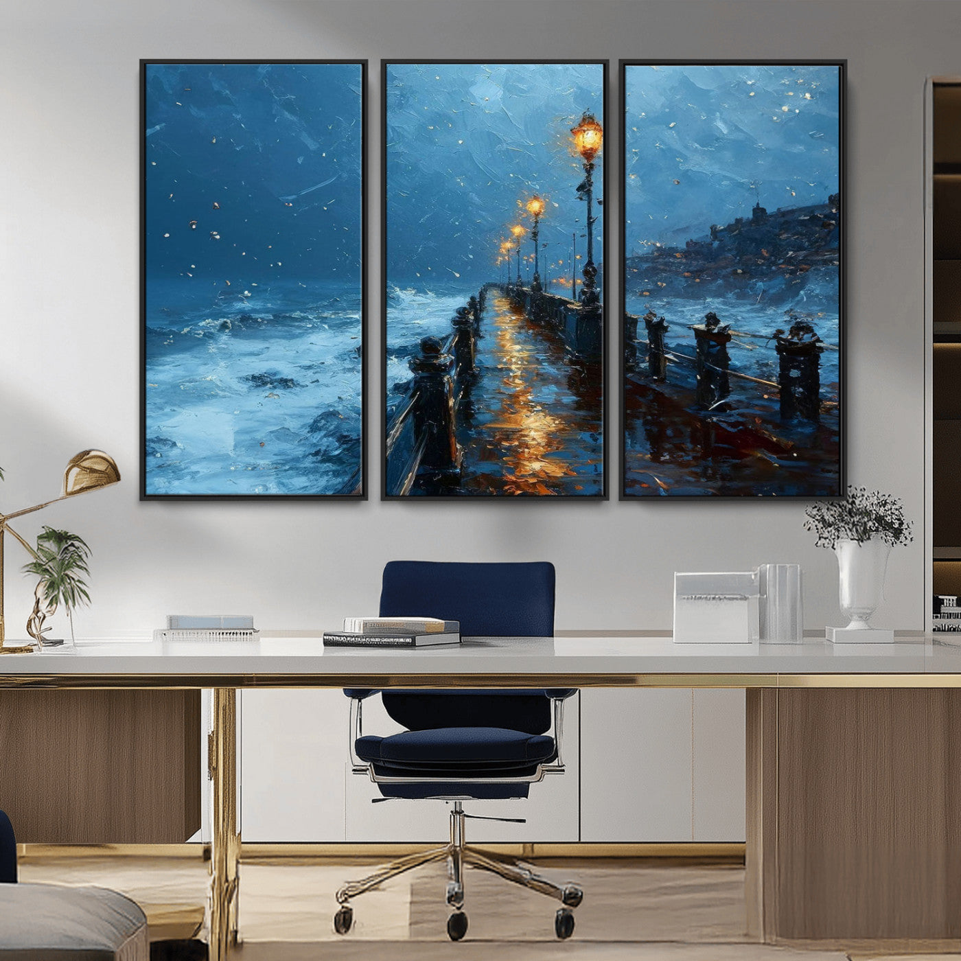 93793246-MGV-CV-36X24-Stormy Night Pier Canvas Wall Art – Moody Ocean Landscape with Lights, Blue Coastal Seascape Print for Bedroom, Living Room,