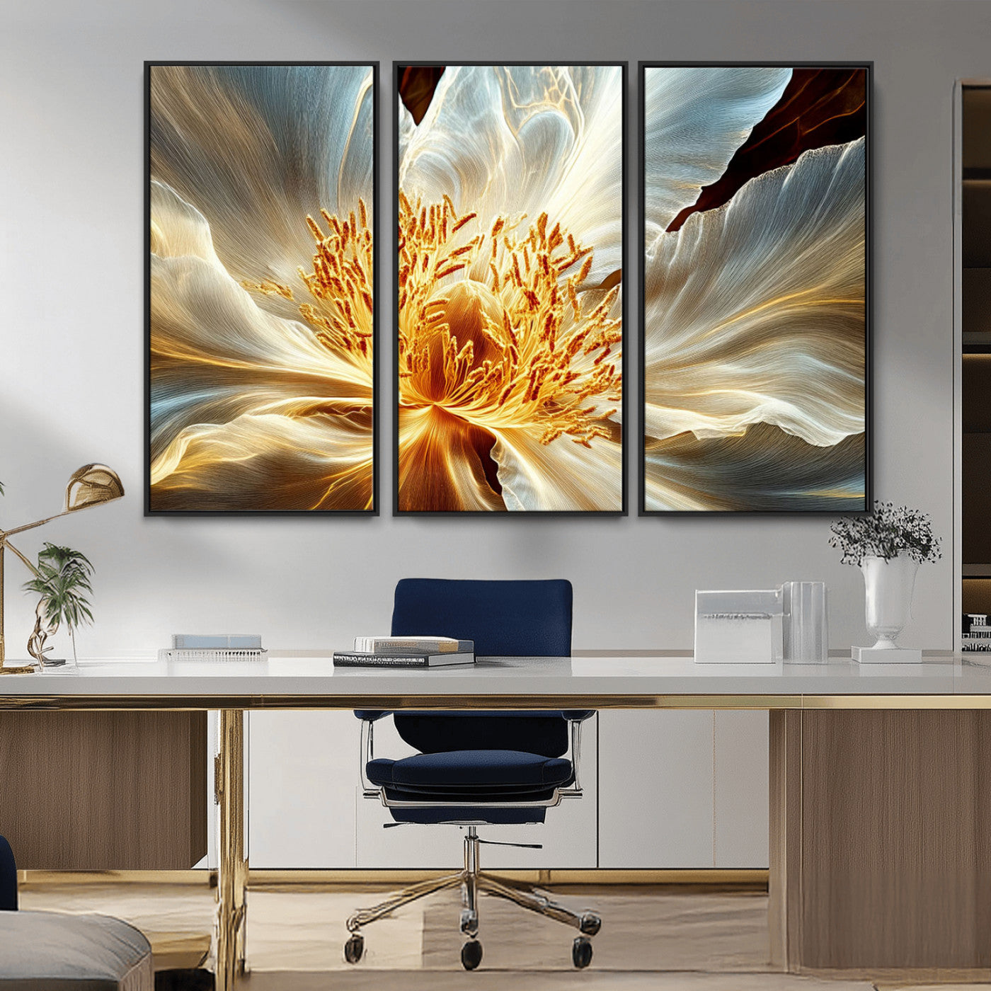 20862576-MGV-CV-36X24-Golden Abstract Flower Canvas Wall Art – Modern Botanical Bloom Print, Elegant Floral Artwork for Living Room, Bedroom, Office