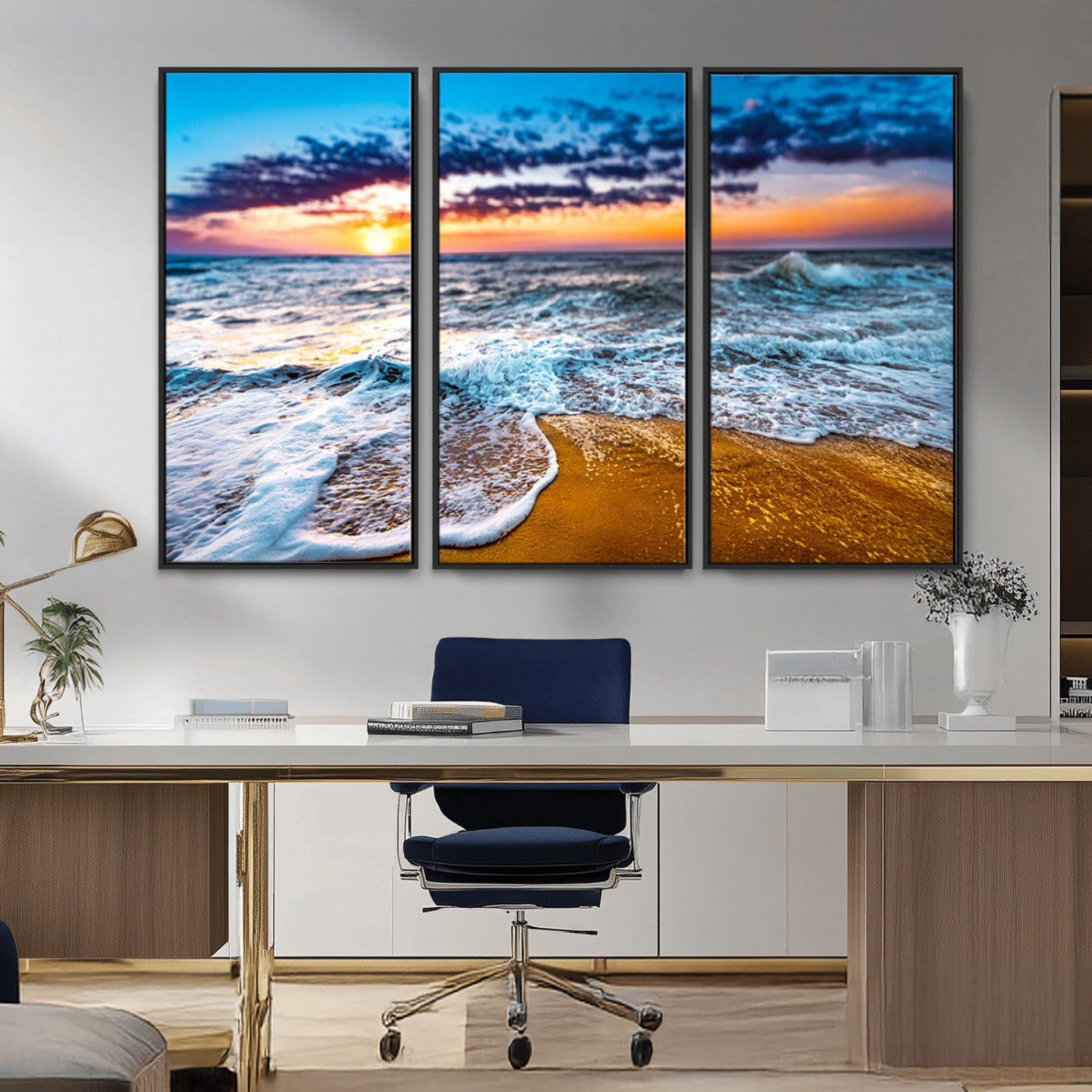 24077769-MGV-FC-48X32-3P_Black-Sunset Beach Wall Art – Ocean Waves Canvas Print, Golden Shoreline Photography Coastal Decor for Living Room, Bedroom, Office,