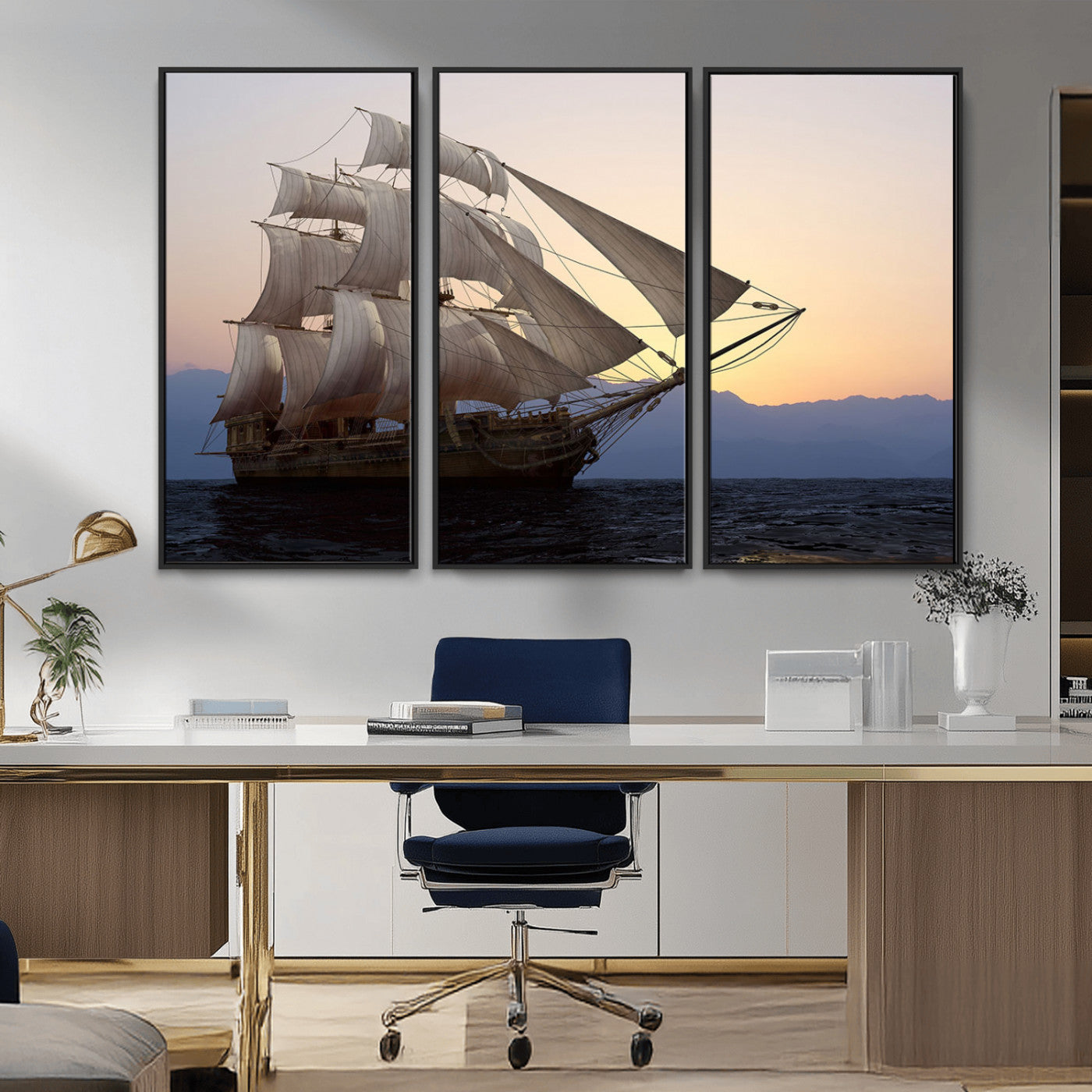 99957679-MGV-CV-36X24-Majestic Sailing Ship Wall Art – Sunset Ocean Voyage, Classic Tall Ship with Wind Filled Sails Canvas Print for Home, Office,