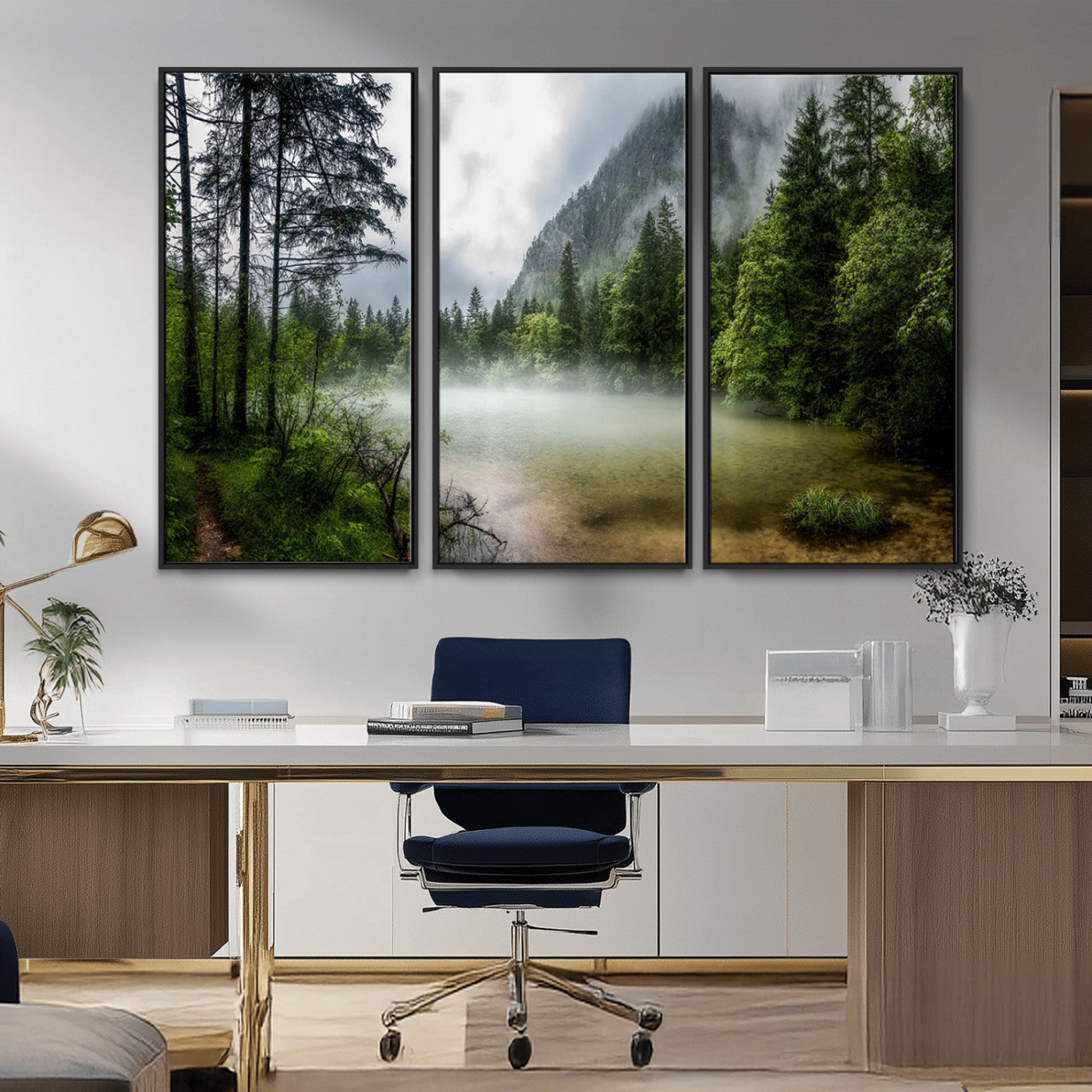 93123937-MGV-CV-36X24-Landscape Wall Art – Misty Mountain Lake Canvas Print, Tranquil Forest and Waterfall Photography Decor for Bedroom, Living Room,