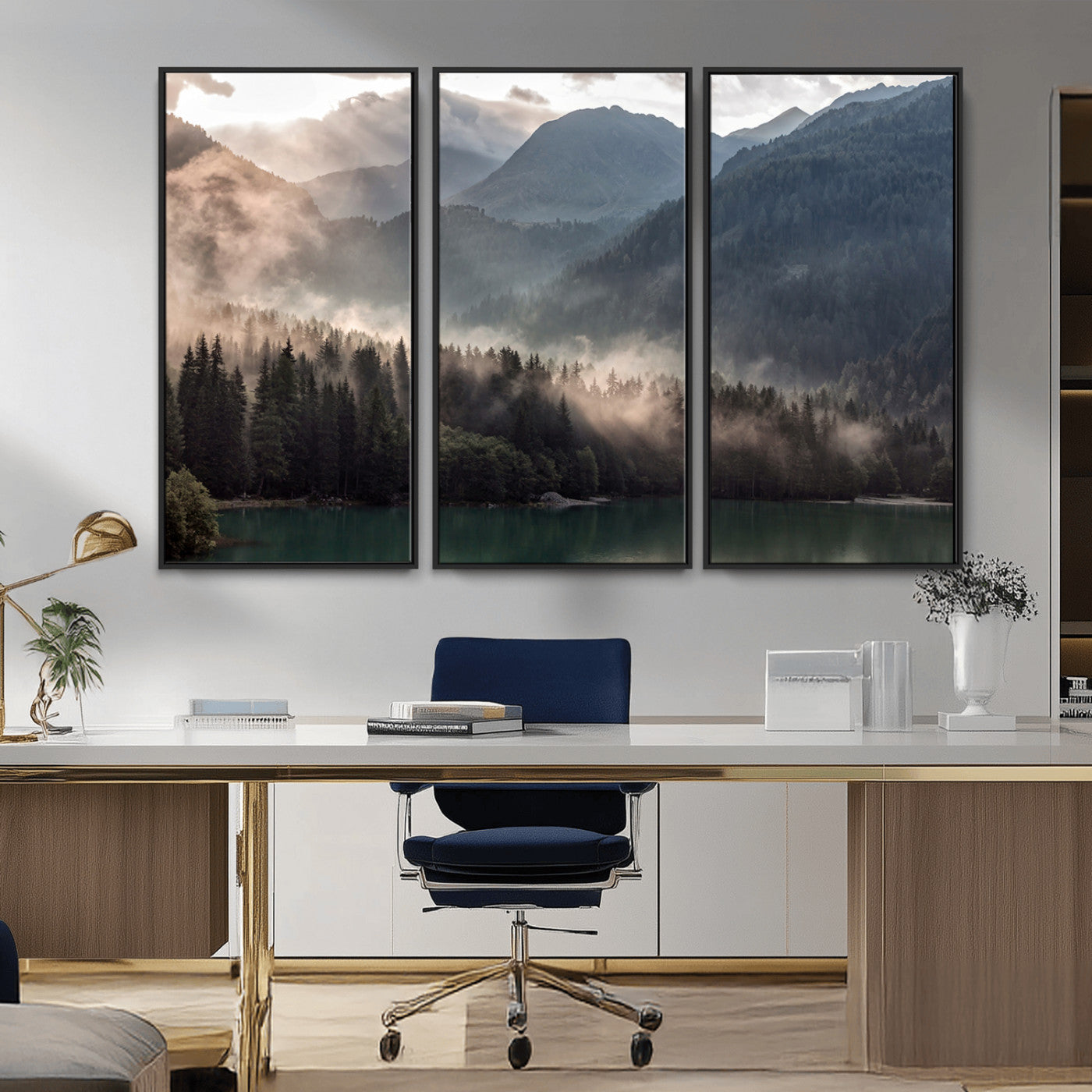 64758-MGV-CV-36X24-Misty Mountains Wall Art Canvas Print, Framed Moody Pines Art Picture Print, Forest Lake Perfect Moody Alpine Decor Artwork