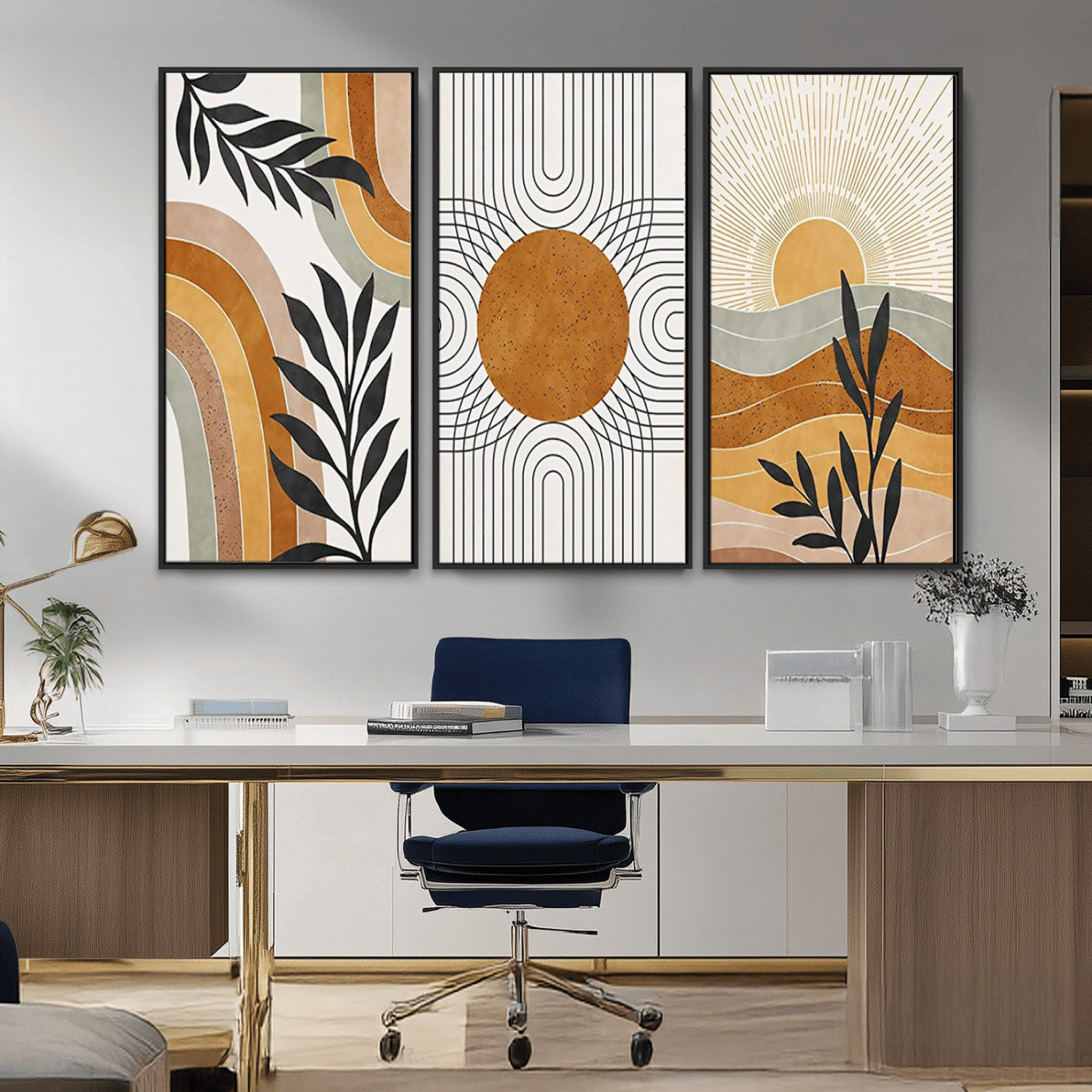 32359-MGV-FC-48X32-3P_Black-Modern Sun Wall Art Canvas Print, Framed Retro Horizon Art Picture Print, Sunburst Design Perfect Mid Century Boho Decor Artwork