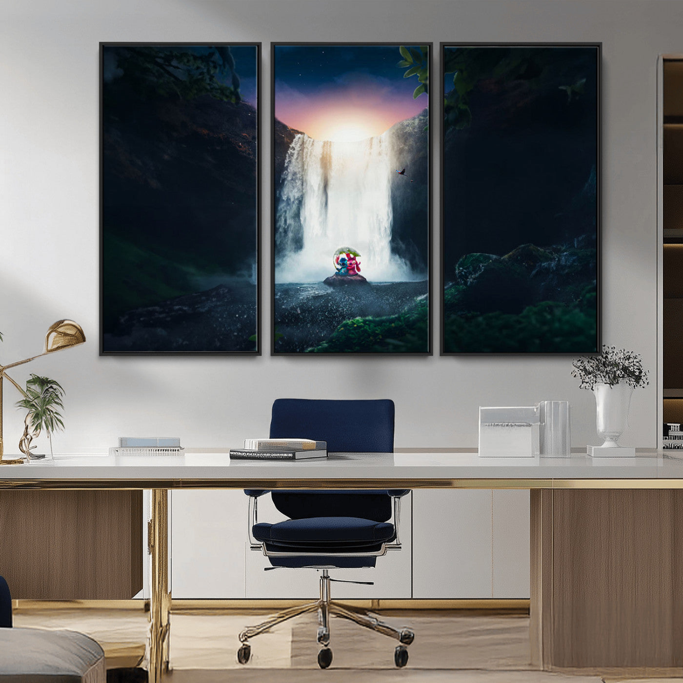 56359-MGV-CV-36X24-Lilo Stitch Wall Art Canvas Print, Framed Stitch Angel Art Picture Print, Cartoon Waterfall Perfect Tropical Fantasy Decor Artwork