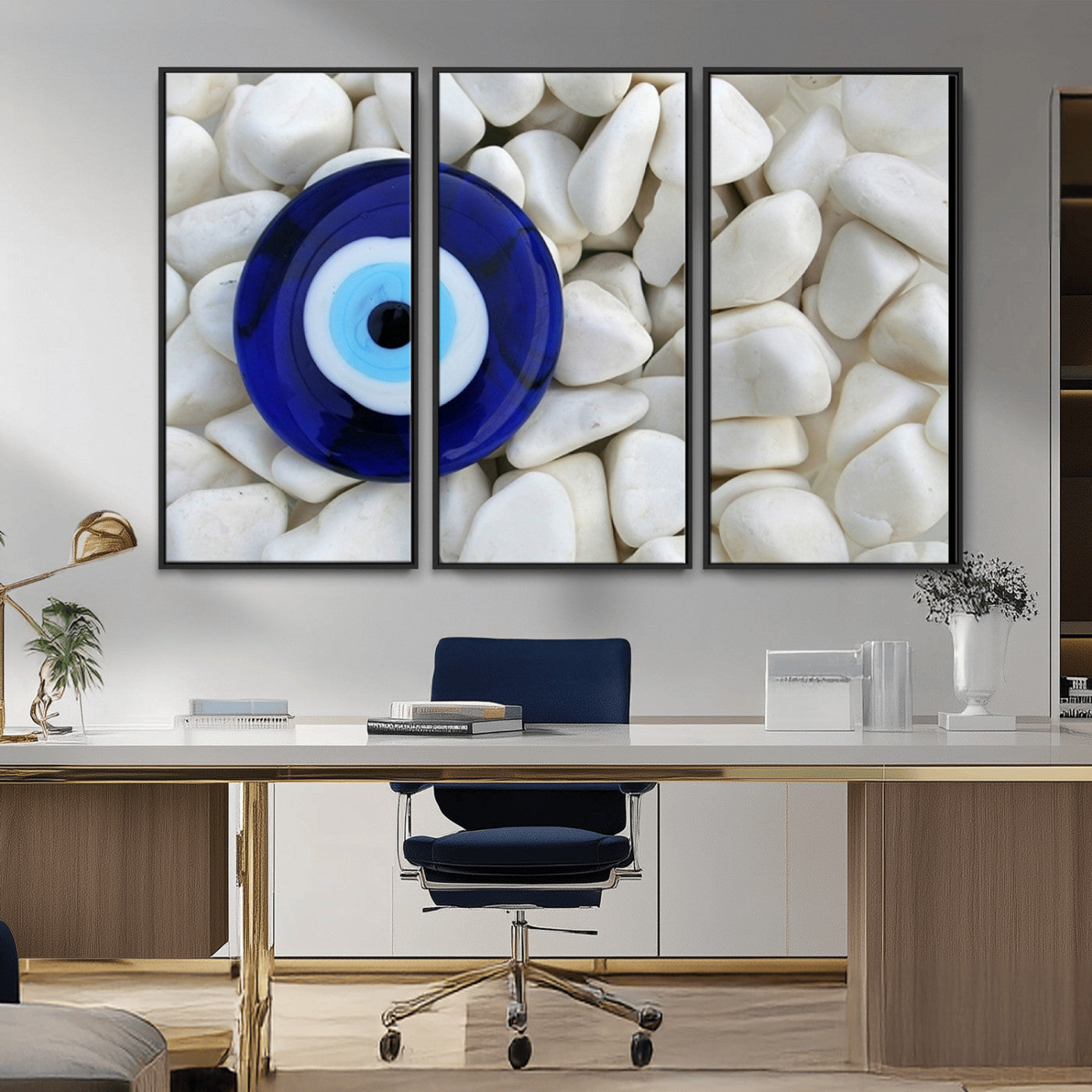 48883-MGV-CV-36X24-Evil Eye Wall Art – Deep Blue Symbol of Presence and Calm on White Stones, Subtle Spiritual Decor for Entryway, Studio, Office or