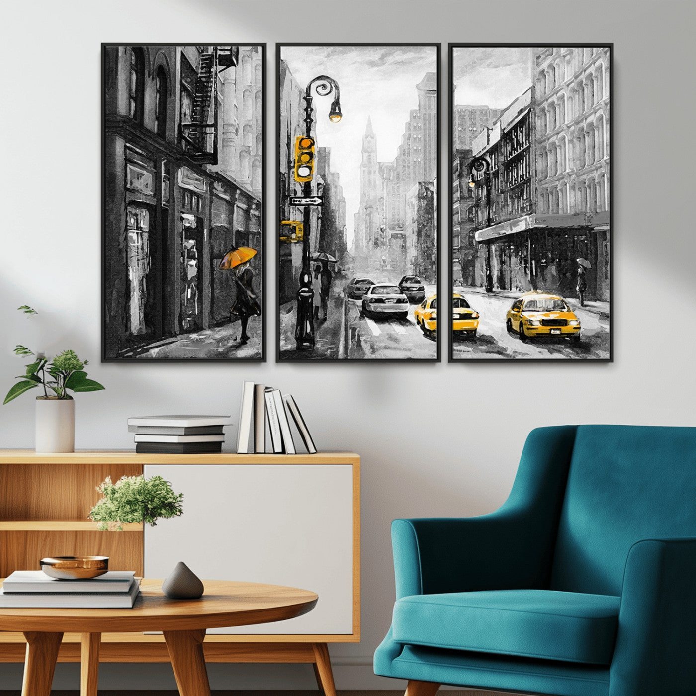 32362-MGV-CV-36X24-NYC Street Wall Art – Black and White Cityscape with Yellow Taxis and Umbrella Canvas Print, Urban Home Decor for Living Room or