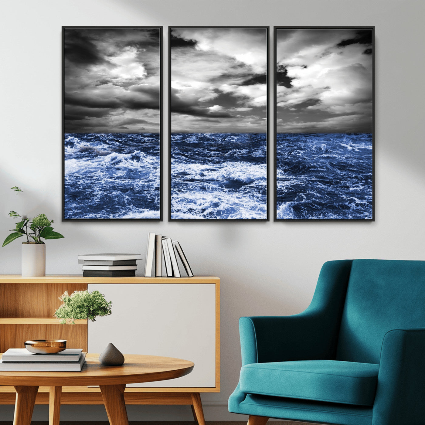 36012-MGV-CV-36X24-Dramatic Stormy Ocean Waves Black and White with Deep Blue Highlights – Moody Seascape Wall Art, Nature Photography Print for Home