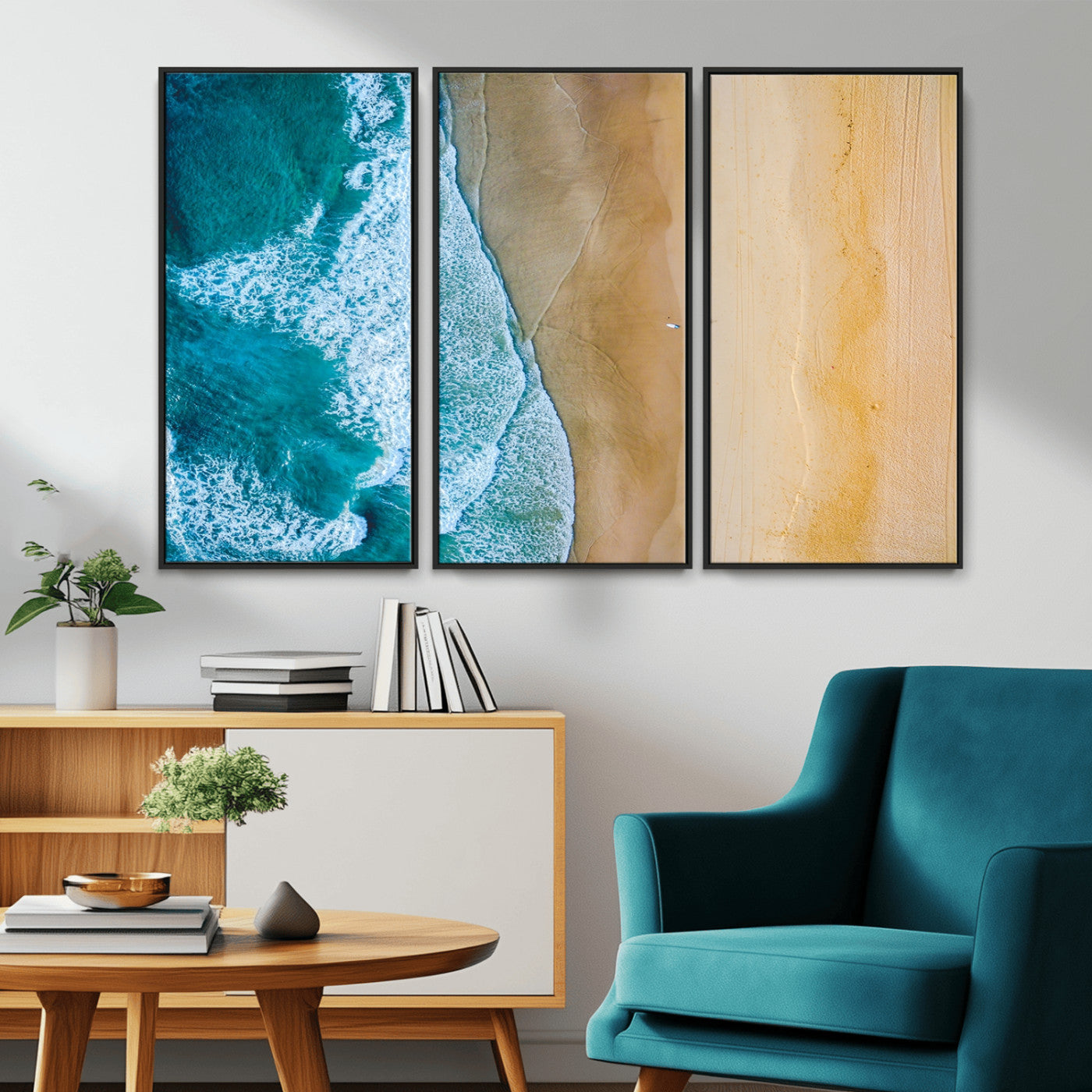 46640-MGV-CV-36X24-Aerial Beach Wall Art – Turquoise Waves and Golden Sand Canvas Print with Lone Surfer, Coastal Ocean Decor for Living Room,