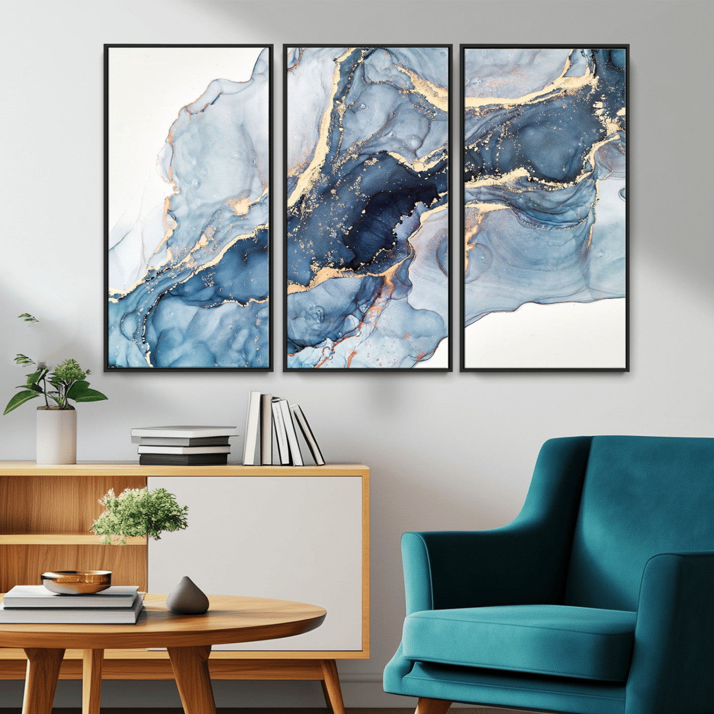 33782-MGV-CV-36X24-Abstract Marble Wall Art – Blue & Gold Fluid Painting Canvas Print, Modern Home Decor for Living Room, Bedroom or Office