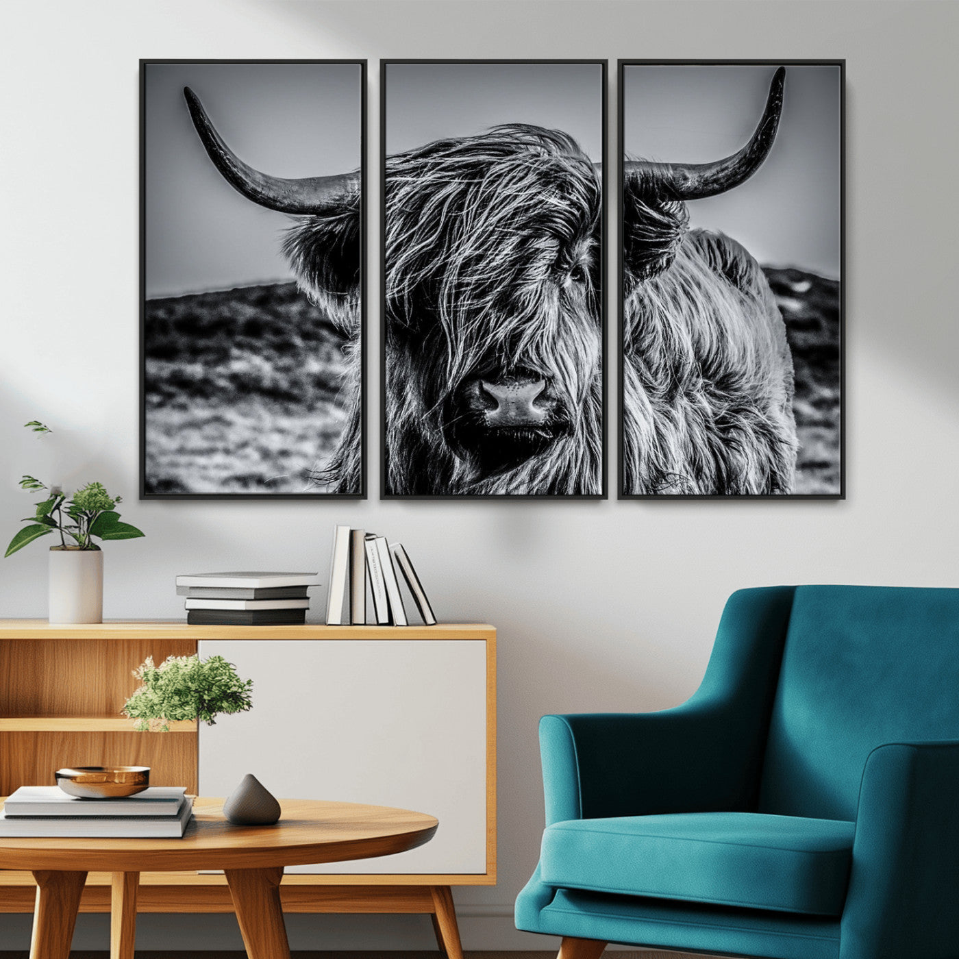 97372-MGV-FC-48X32-3P_Black-Elegant Highland Cow Wall Art – Black and White Canvas Print, Rustic Nature Decor for Home, Office, Living Room or Man Cave