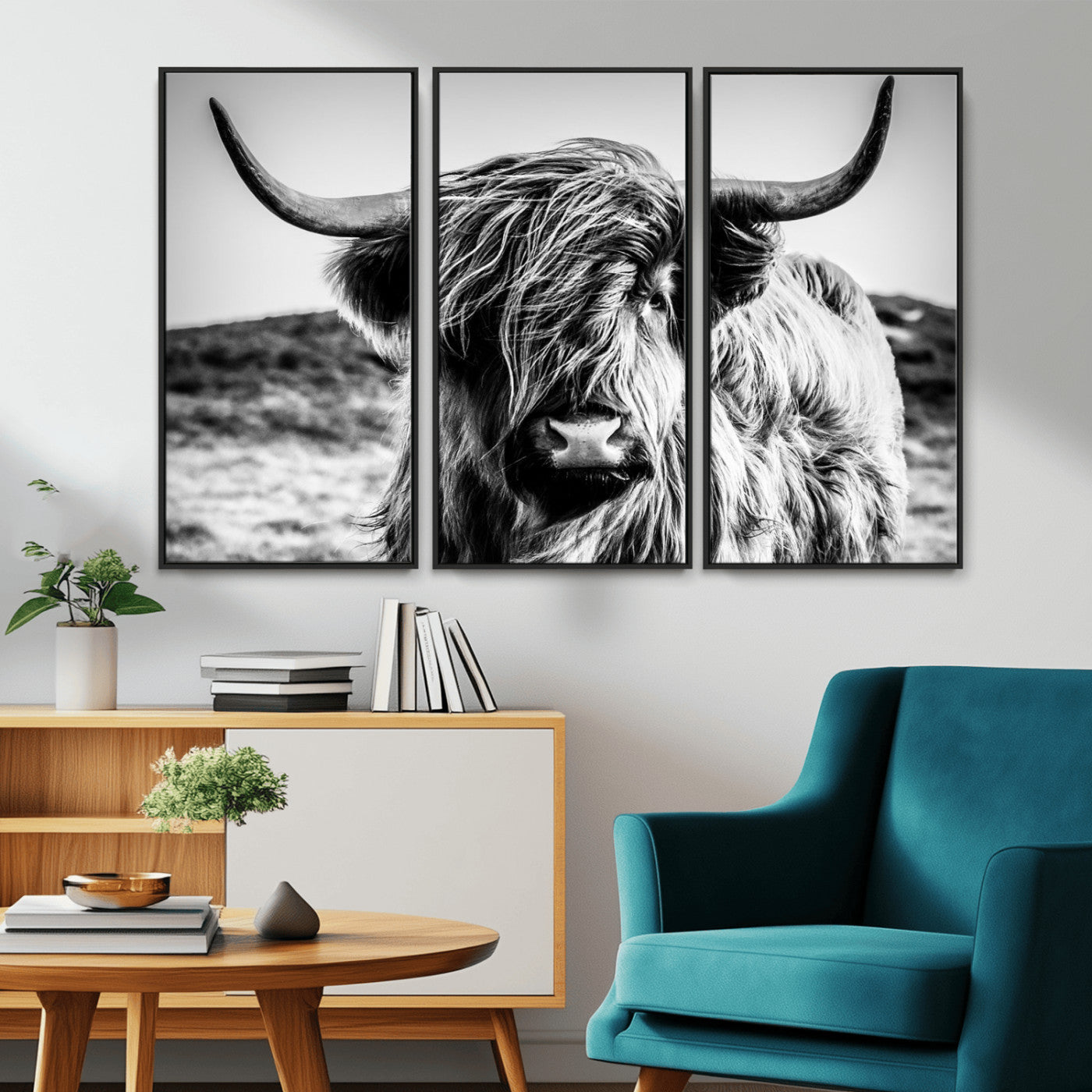 36979-MGV-CV-36X24-Striking black-and-white portrait of a Highland cow with flowing fur and majestic horns, perfect for rustic and elegant home or