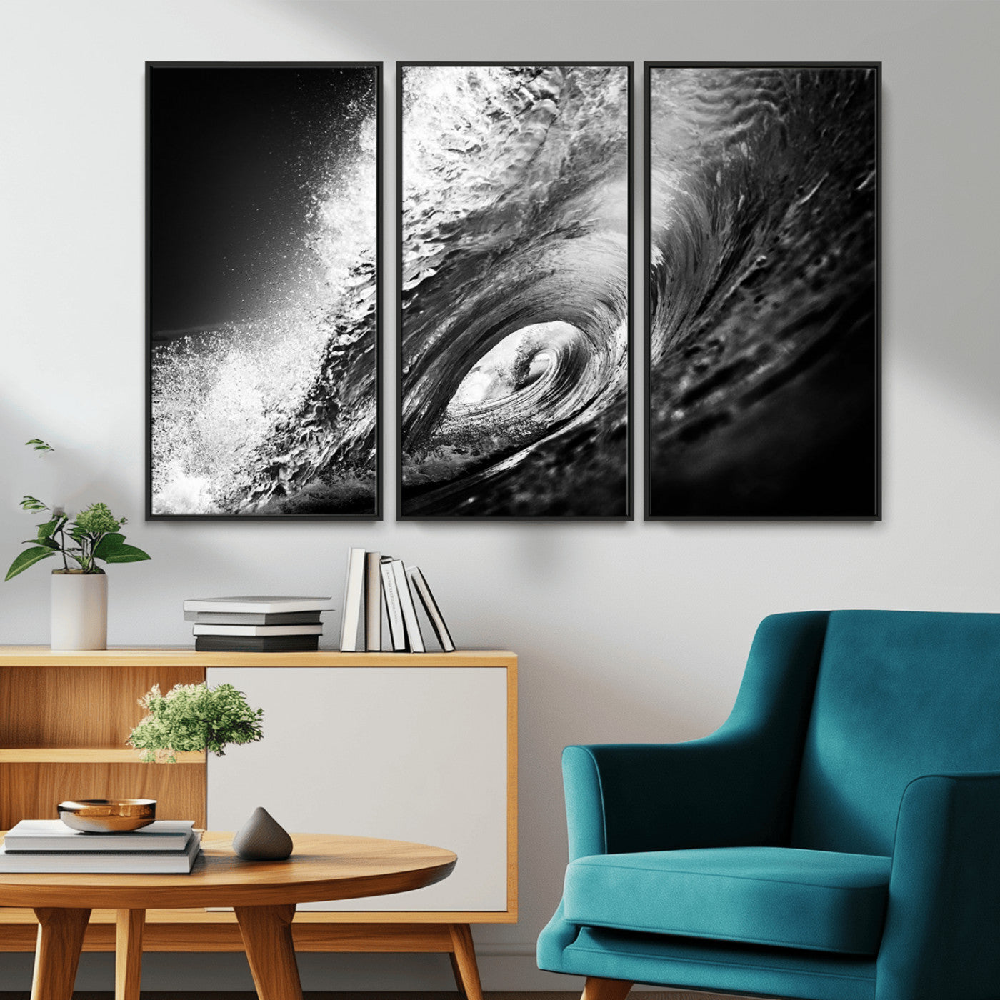 22702-MGV-CV-36X24-Black and White Ocean Wave Wall Art – Powerful Surf Curl Photography Canvas Print, Modern Coastal Decor for Living Room, Office or
