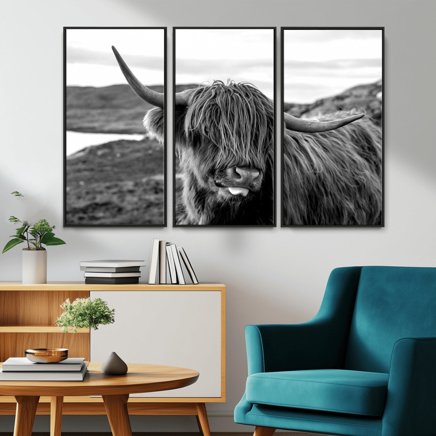 83810-MGV-CV-36X24-Highland Cow Wall Art – Black and White Highland Cattle Print, Rustic Farmhouse Animal Decor for Living Room