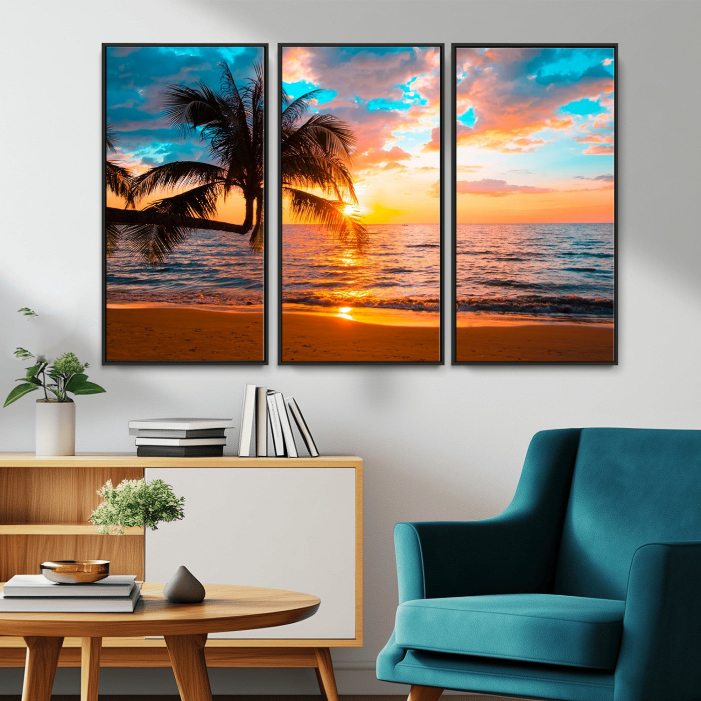 34674-MGV-CV-36X24-Tropical Sunset Beach Wall Art – Palm Tree Ocean Canvas Print, Coastal Seascape Decor for Living Room or Office Wall