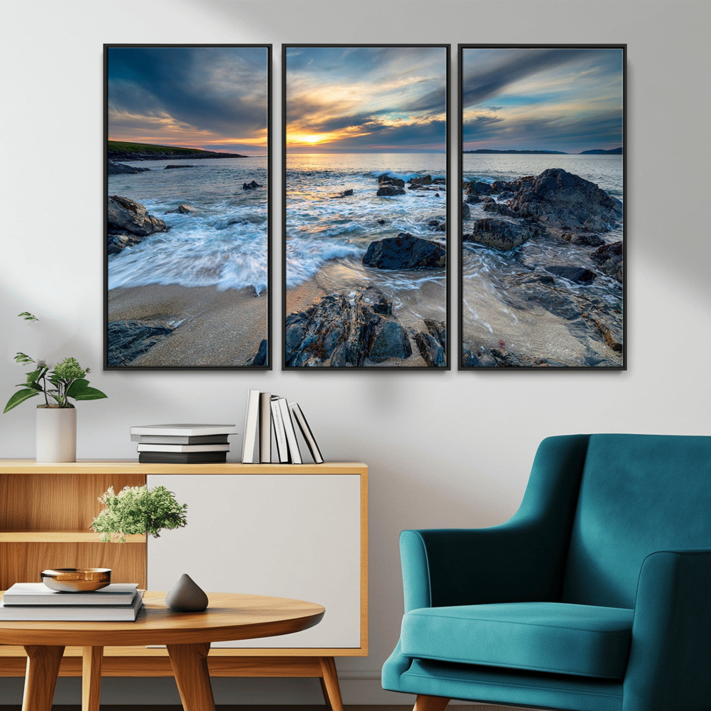 17902-MGV-CV-36X24-Rocky Shore Ocean Sunset Wall Art – Coastal Seascape Canvas Print, Nature Beach Decor for Living Room or Office