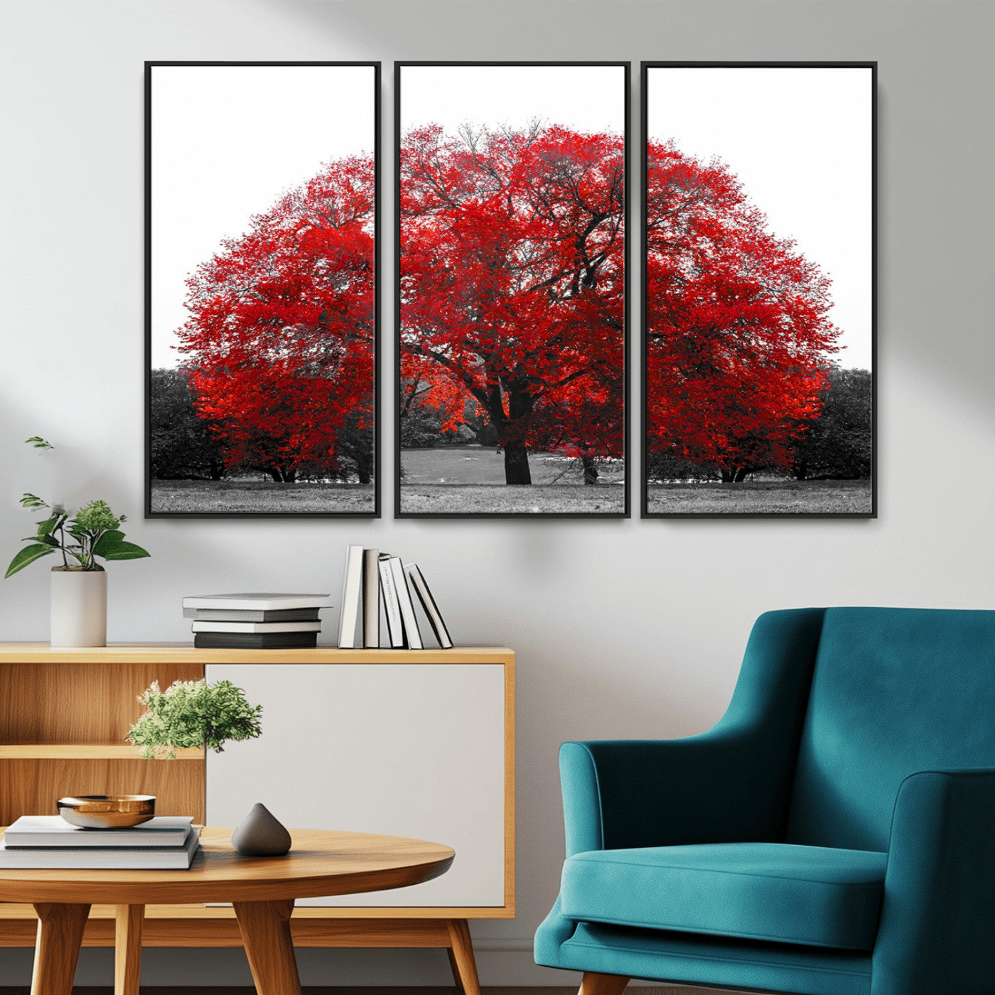 80021-MGV-CV-36X24-Red Tree Wall Art – Striking Black and White Landscape Canvas Print with Vibrant Red Leaves, Modern Nature Decor for Living Room